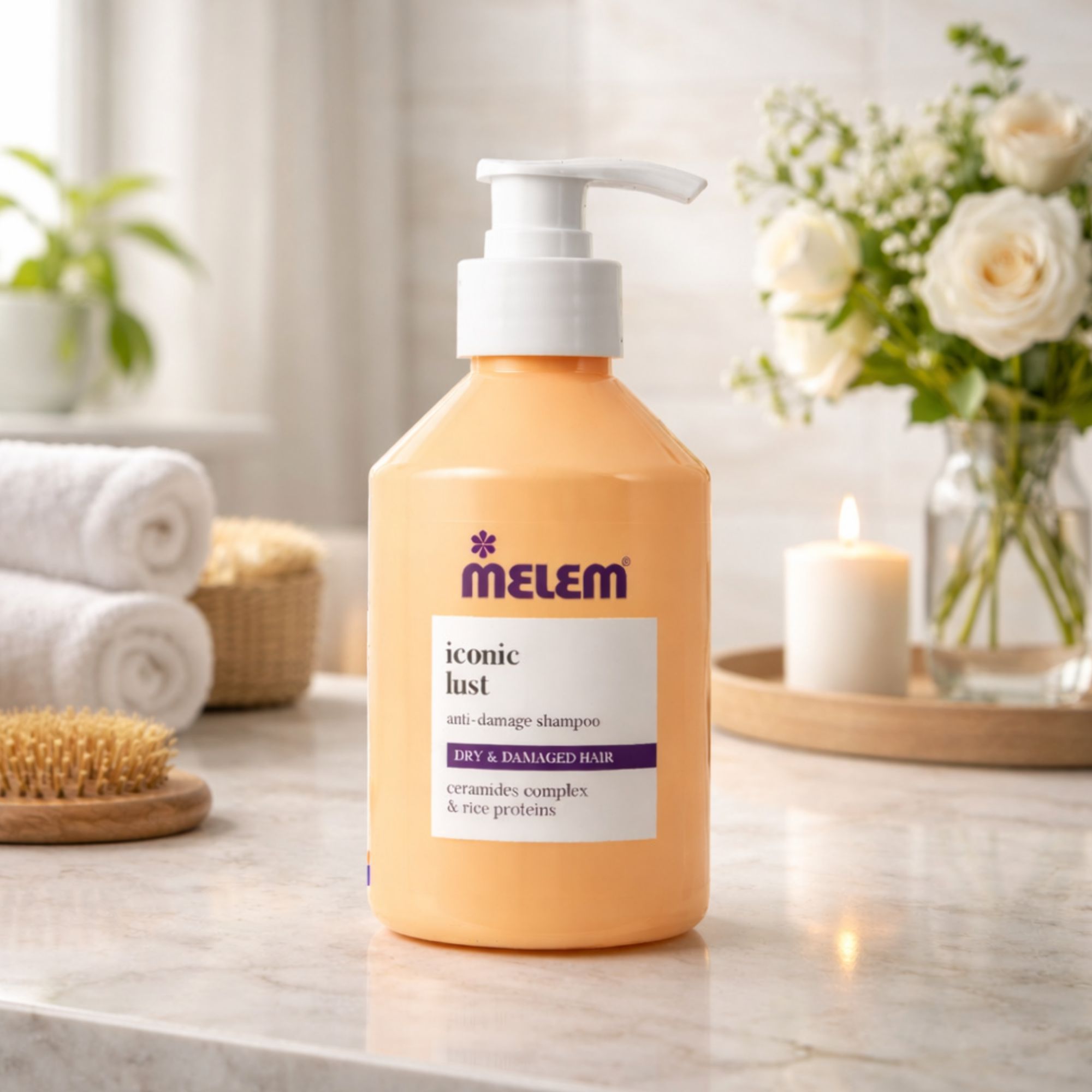 Beige Shampoo-Flasche mit weißem Pumpkopf. Aufschrift: Melem iconic lust. Anti-Damage Shampoo. Für trockenes & geschädigtes Haar. Auf Bad-Oberfläche.