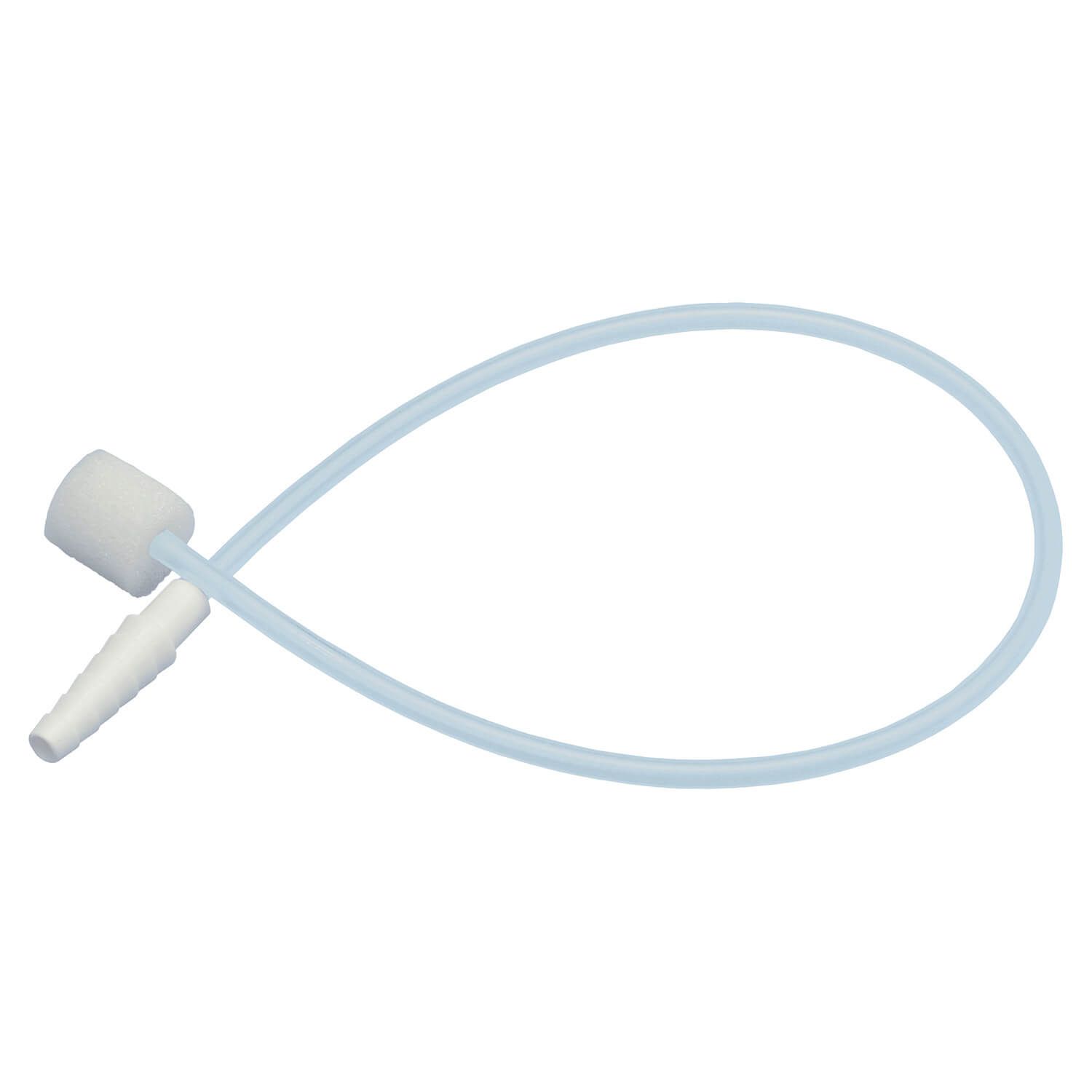 Sauerstoffkatheter mit Kompresse. Besteht aus einem blauen Schlauch, einem weißen Schwamm und einem weißen Anschlussstück.