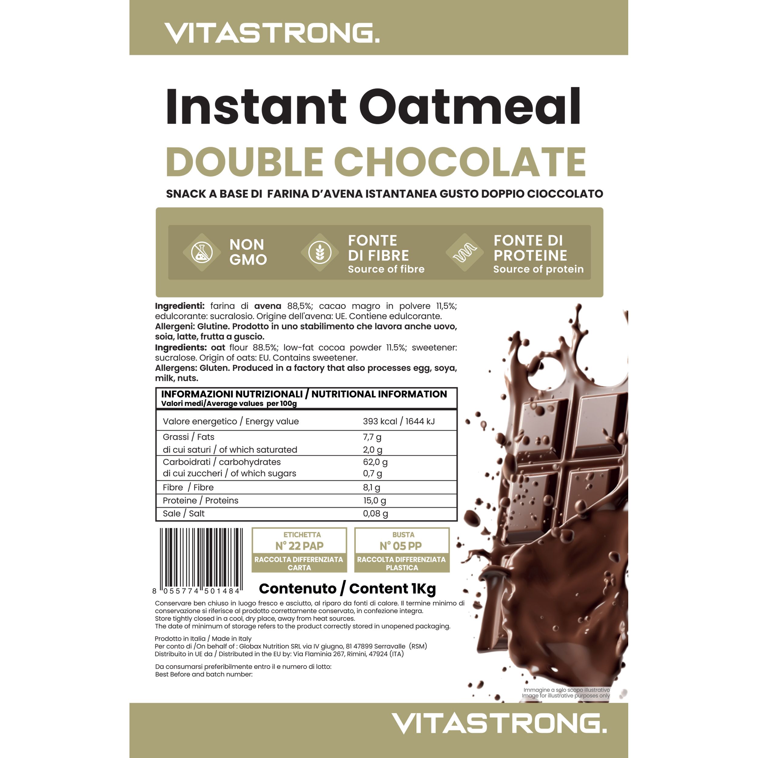 Vitastrong Instant Oatmeal - Double Choco. Nährwertangaben und Zutatenliste. Schokoladen-Illustration.