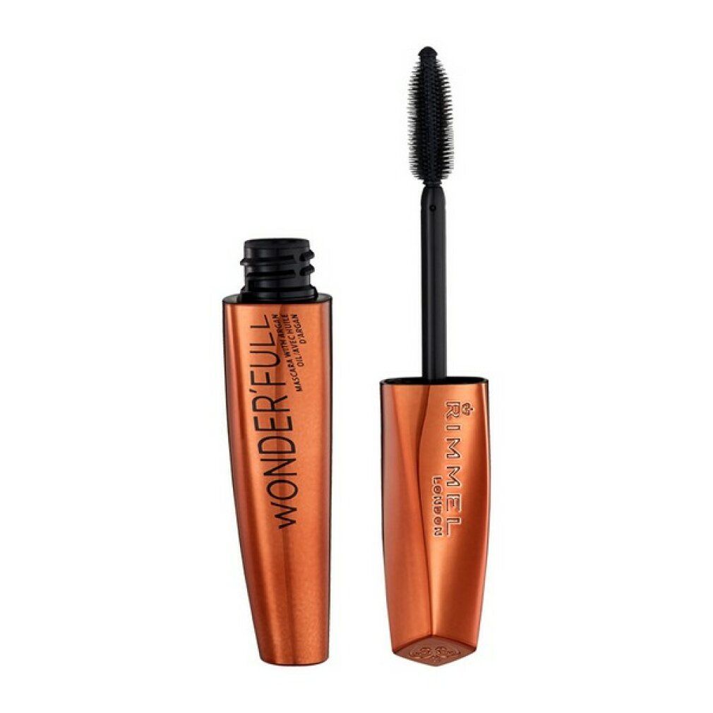 Mascara mit Bürste. Dunkelbraune Hülse, goldfarbener Deckel. Schriftzug: Rimmel Wonder'full.
