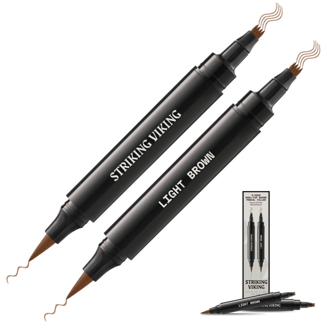 Zwei Bartauffüllstifte, hellbraun. Schwarze Stifte mit Doppelspitze. Aufschrift: STRIKING VIKING, LIGHT BROWN. Verpackung mit Produktabbildung.