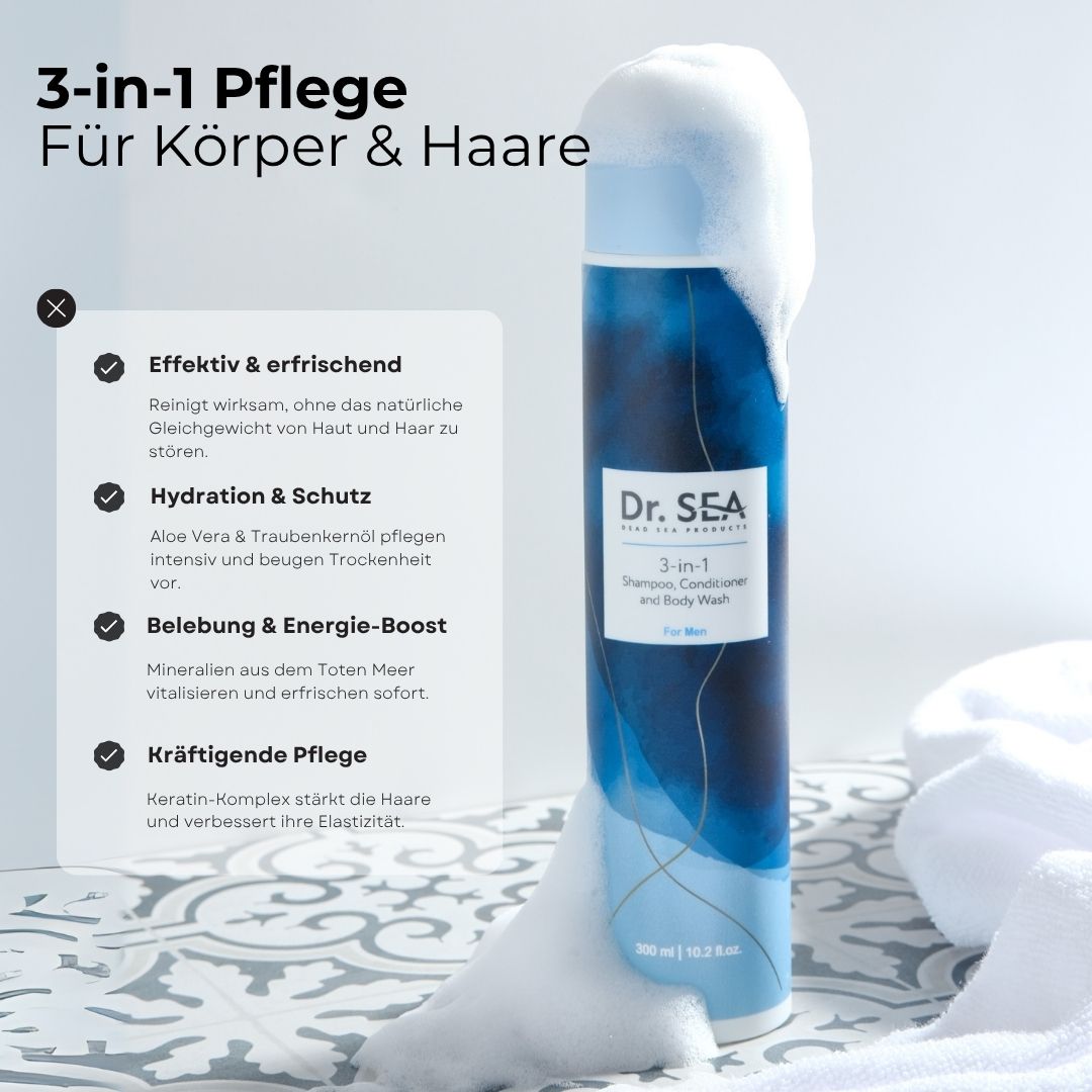 DR. SEA 3-in-1 Duschgel & Shampoo für Männer, mit Schaum bedeckt. Produktinformationen auf weißem Etikett.