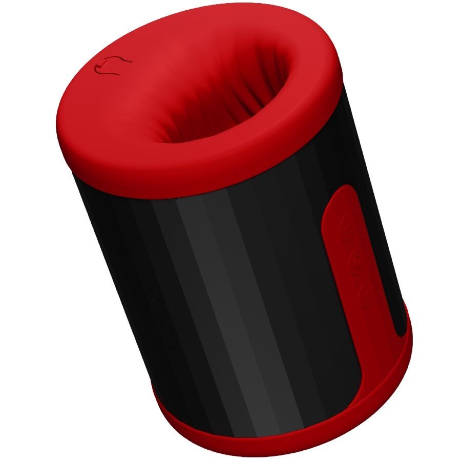 Zylindrisches Gerät, schwarz mit roten Akzenten. Roter Rand. Geometrisches Design. Oberseite mit Öffnung.