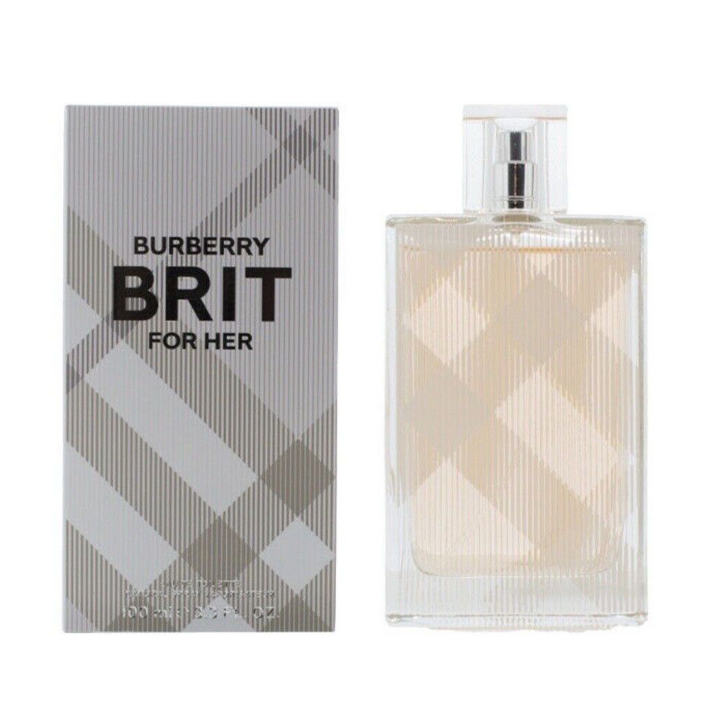 Burberry Brit for Her Eau de Toilette und Schachtel. Flakon und Verpackung nebeneinander. Kariertes Muster, Logo auf der Schachtel.
