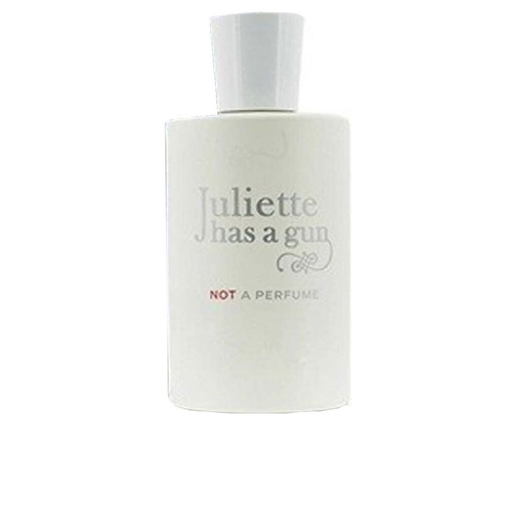 Weißes Parfümflakon mit weißem Deckel. Aufschrift: Juliette has a gun, Not a Perfume.