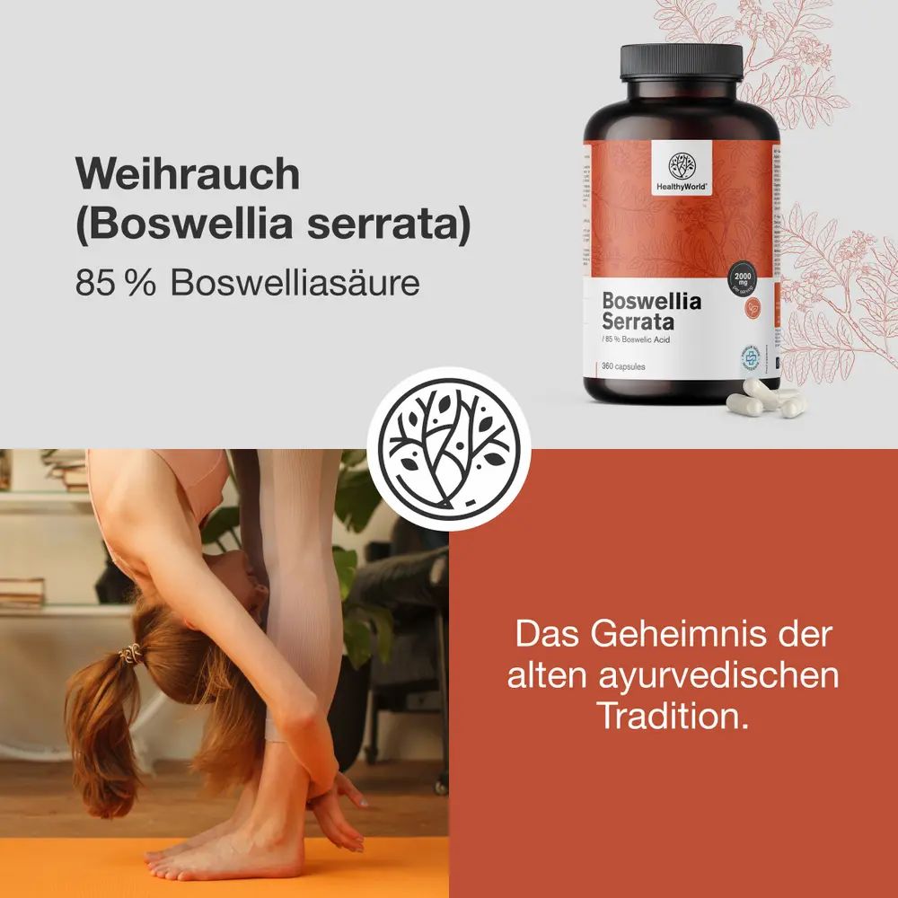 Produktabbildung mit Frau beim Yoga. Flasche mit Kapseln, Aufschrift: HealthyWorld, Boswellia Serrata, 85% Boswelliasäure. Text: Das Geheimnis der alten ayurvedischen Tradition.