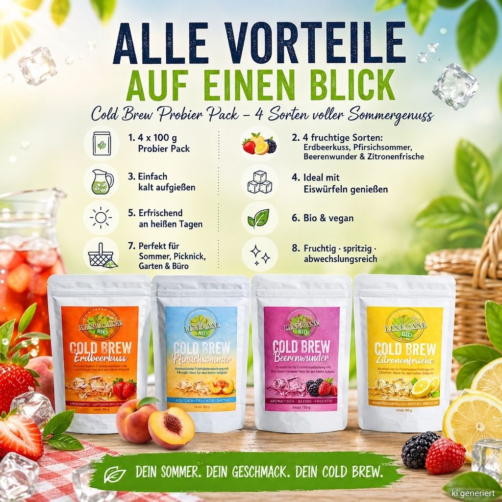 Vier Linecase Cold Brew Teesorten mit Früchten und Eiswürfeln, draufsicht.