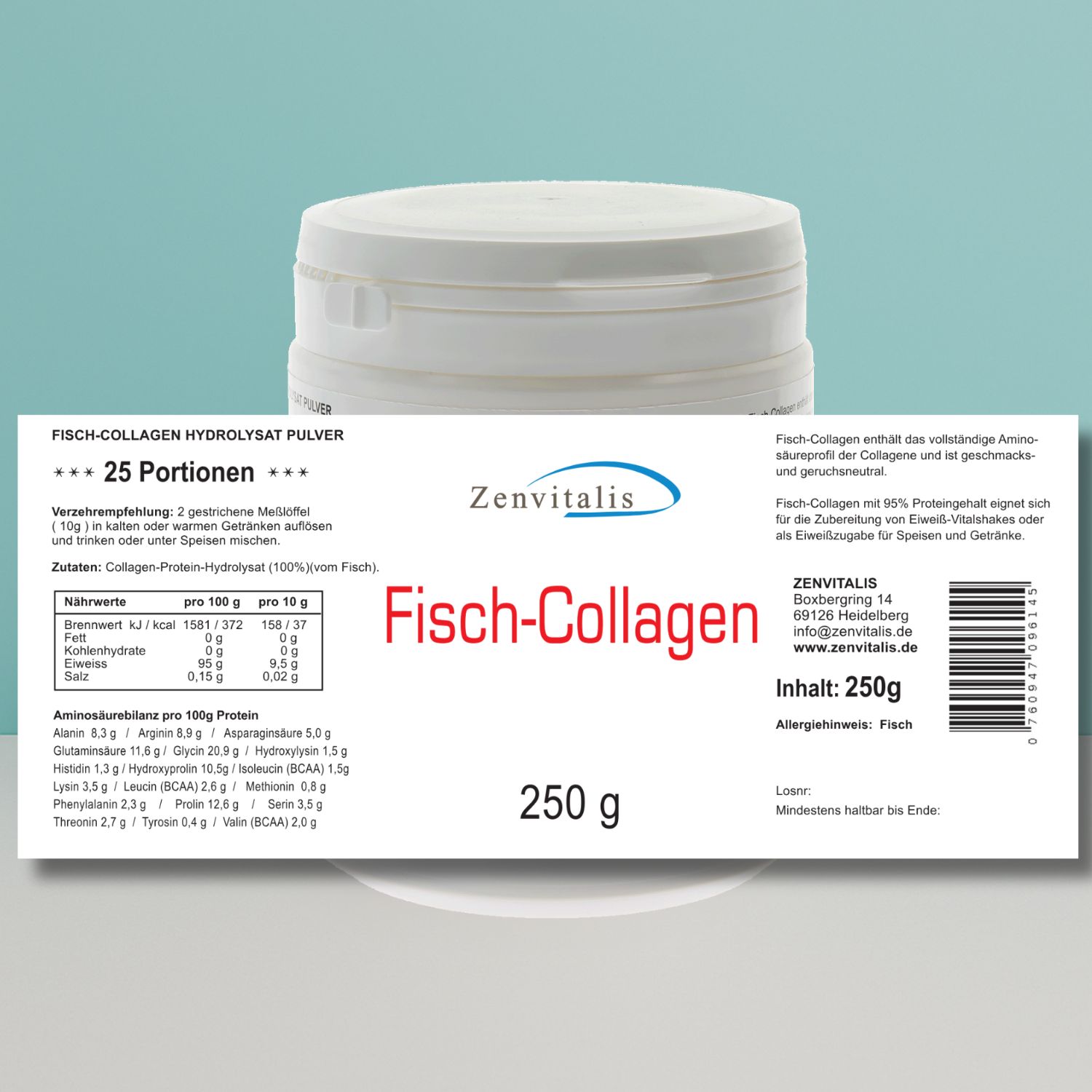 Weiße Dose mit Etikett. Text: Fisch-Collagen, 250g, Nährwertangaben, Inhaltsstoffe, Zenvitalis.