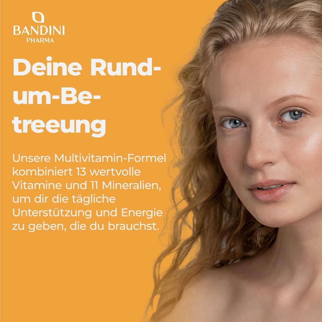 Text: Bandini. Multivitamin-Formel mit 13 Vitaminen und 11 Mineralien. Frau mit blonden Haaren.