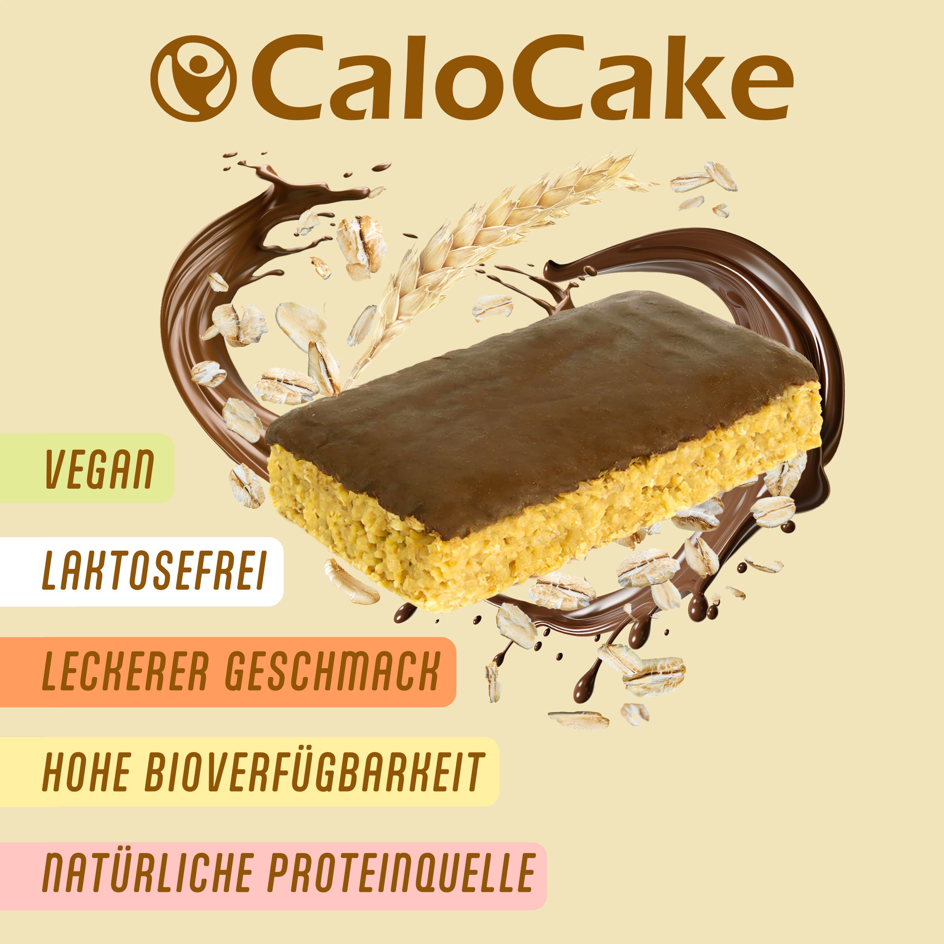 Eine rechteckige Schokoriegel mit Haferflocken und Schokoladenüberzug. Vegan, laktosefrei. Text: Leckerer Geschmack, hohe Bioverfügbarkeit.