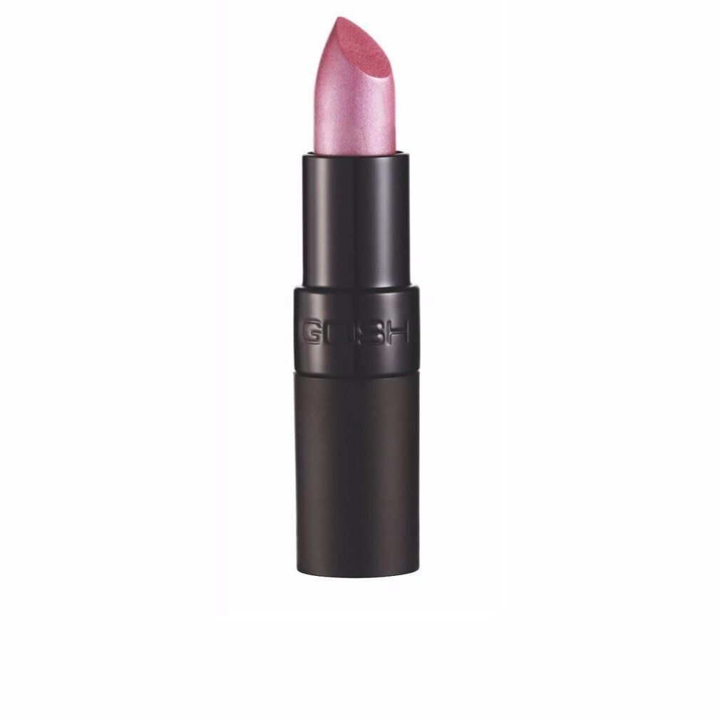 Gosh Velvet Touch Lippenstift 131 Amethyst. Schwarzer Stift, rosa Lippenstiftspitze. Gosh-Logo.