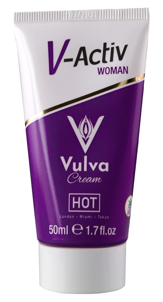Creme-Tube mit Produktinformationen. Aufschrift: V-Activ Vulva Cream. Lila und weiße Farbgebung. 50ml.