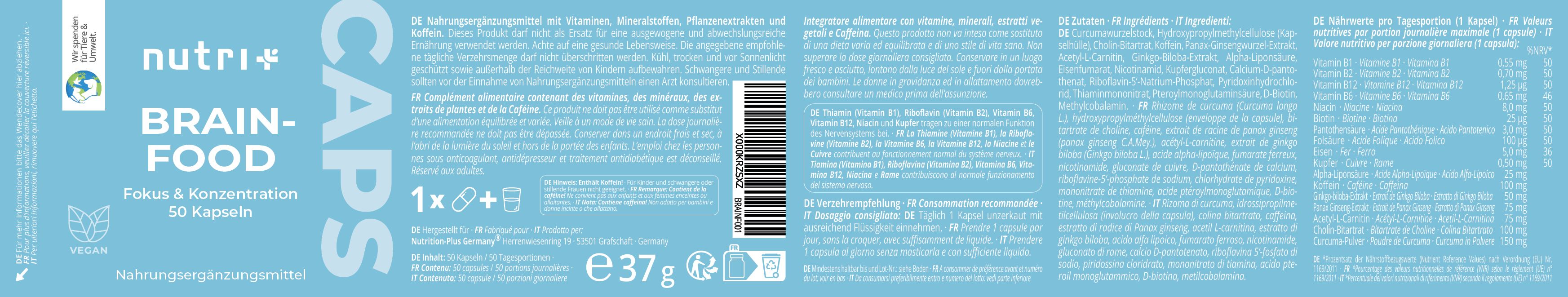 nutri+ Brainfood Kapseln - mit Kurkuma, Ginkgo und Ginseng
