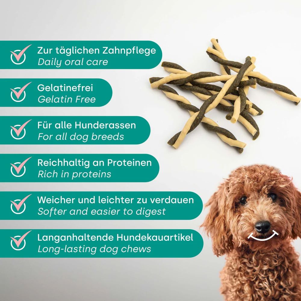 Dental Sticks und Text. Text: Zur täglichen Zahnpflege, Gelatinefrei, Für alle Hunderassen, Reichhaltig an Proteinen, Weicher und leichter zu verdauen.