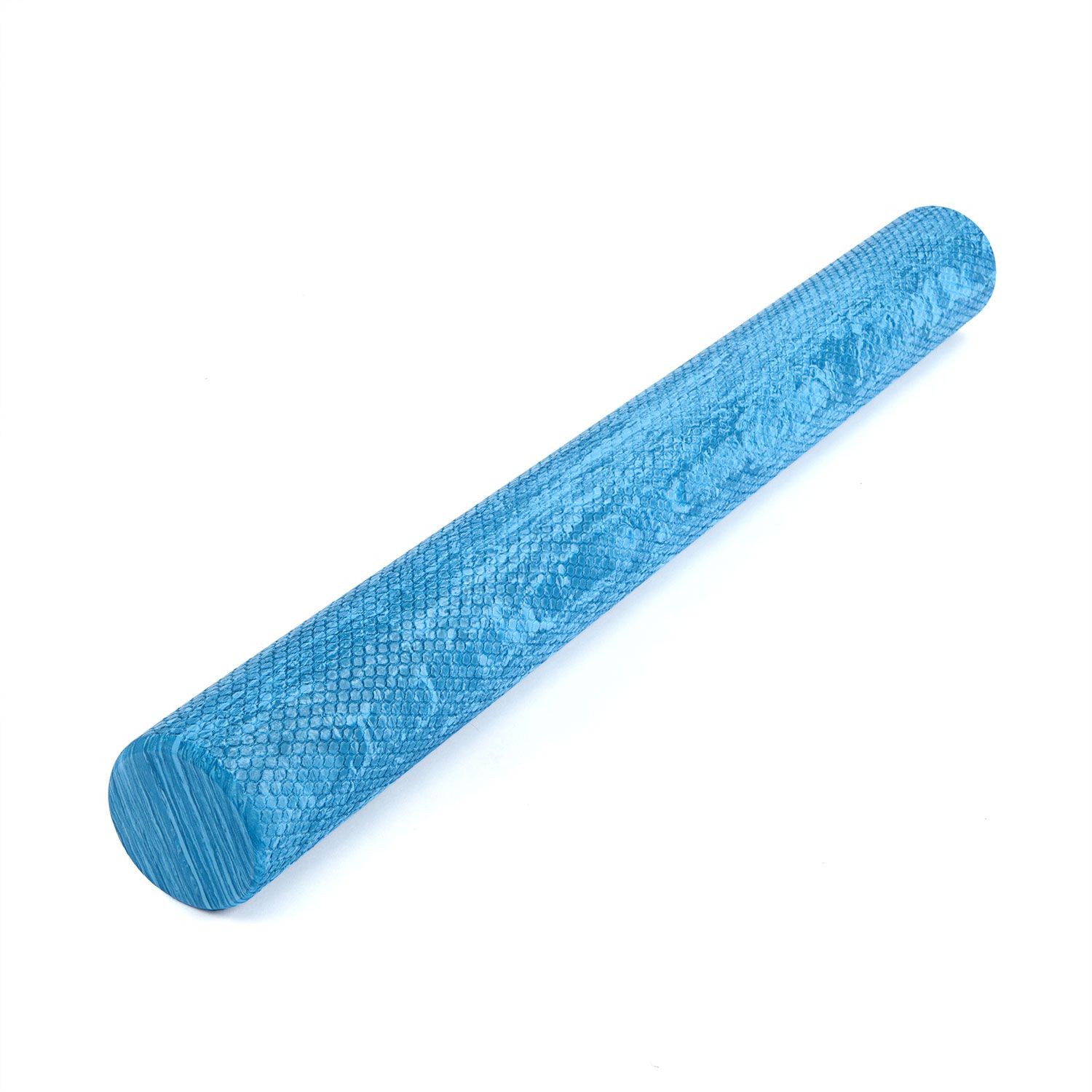 Blaue, marmorierte Pilates-Rolle, extra lang. Zylindrische Form, blaue Farbe, strukturierte Oberfläche.