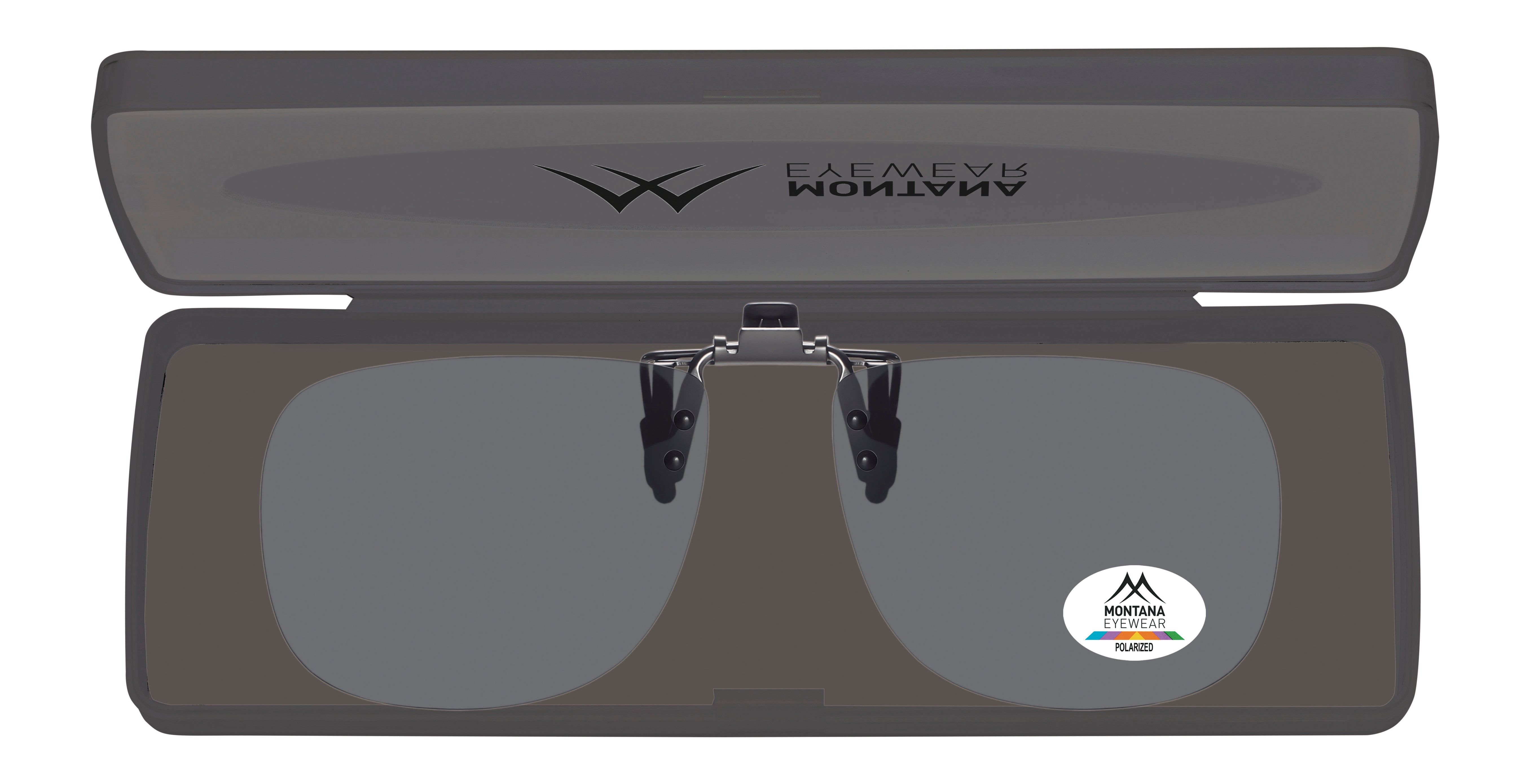 Montana Eyewear Mauritius Clip-on-Sonnenbrille in Etui. Graue Gläser, Logo. Etui mit Markenlogo.