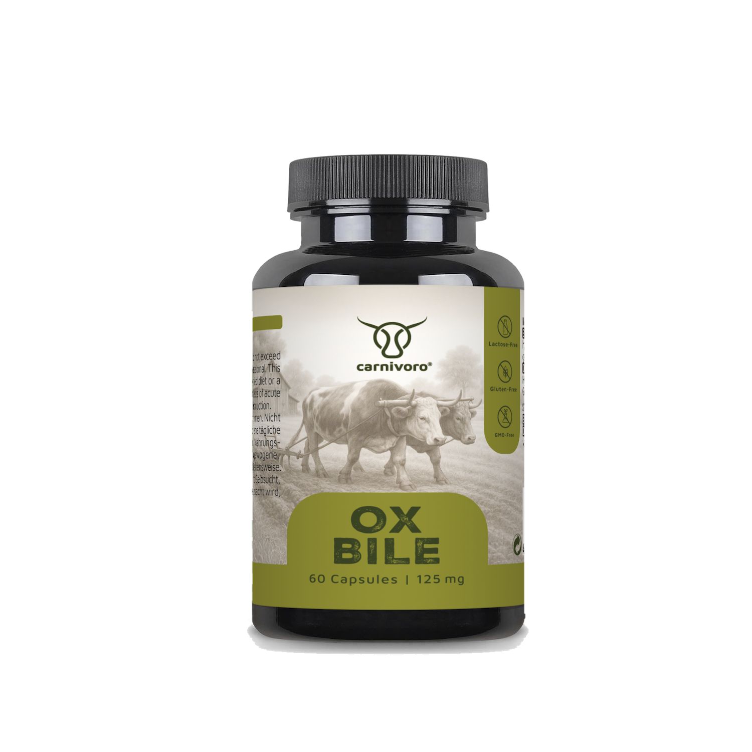 Braune Flasche mit schwarzen Deckel. Aufschrift: carnivoro®, OX BILE, 60 Kapseln | 125 mg. Abbildung von zwei Ochsen.