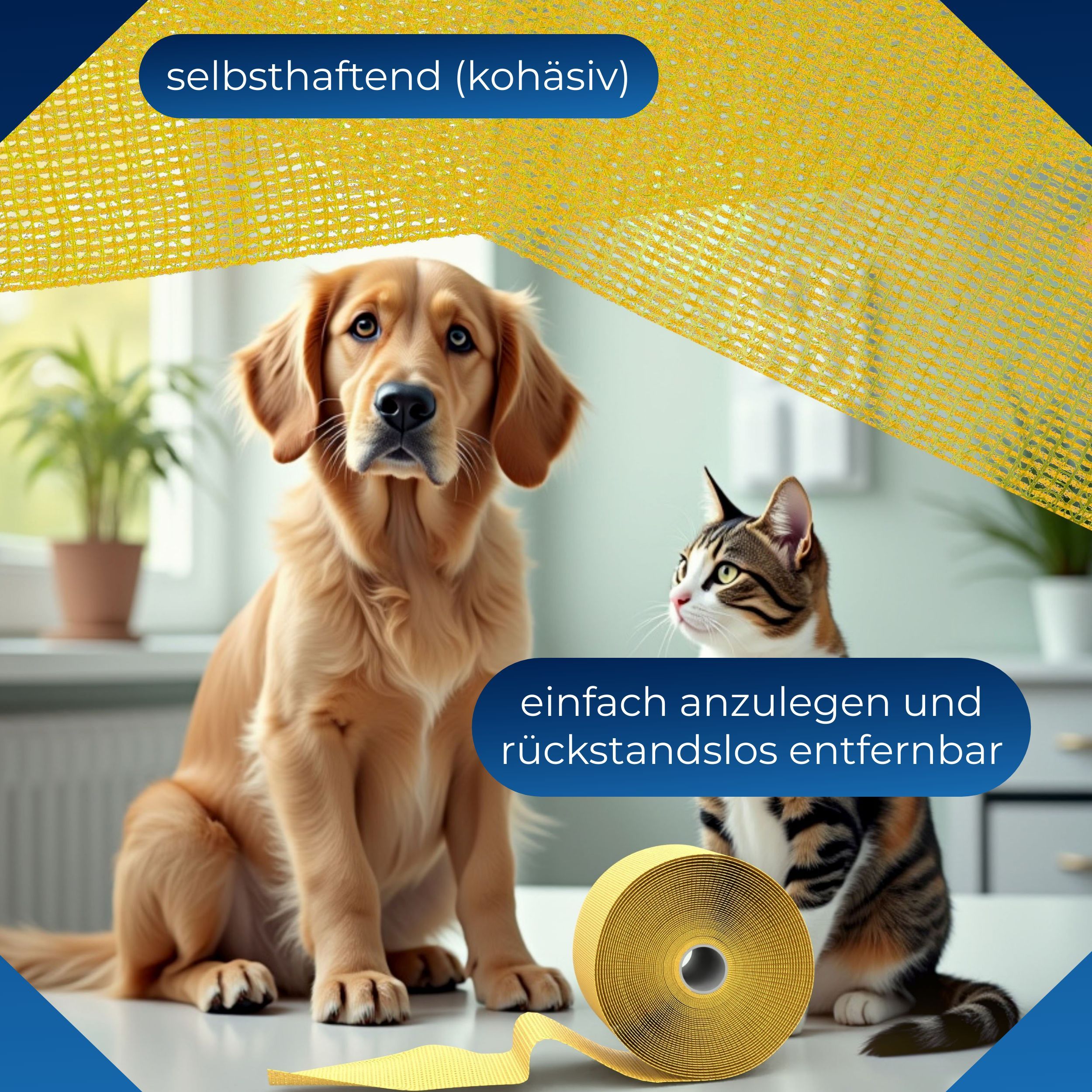 Gelbe, kohäsive Haftbandage, aufgerollt. Text: selbsthaftend (kohäsiv) und einfach anzulegen und rückstandslos entfernbar. Bilder von Hund und Katze.