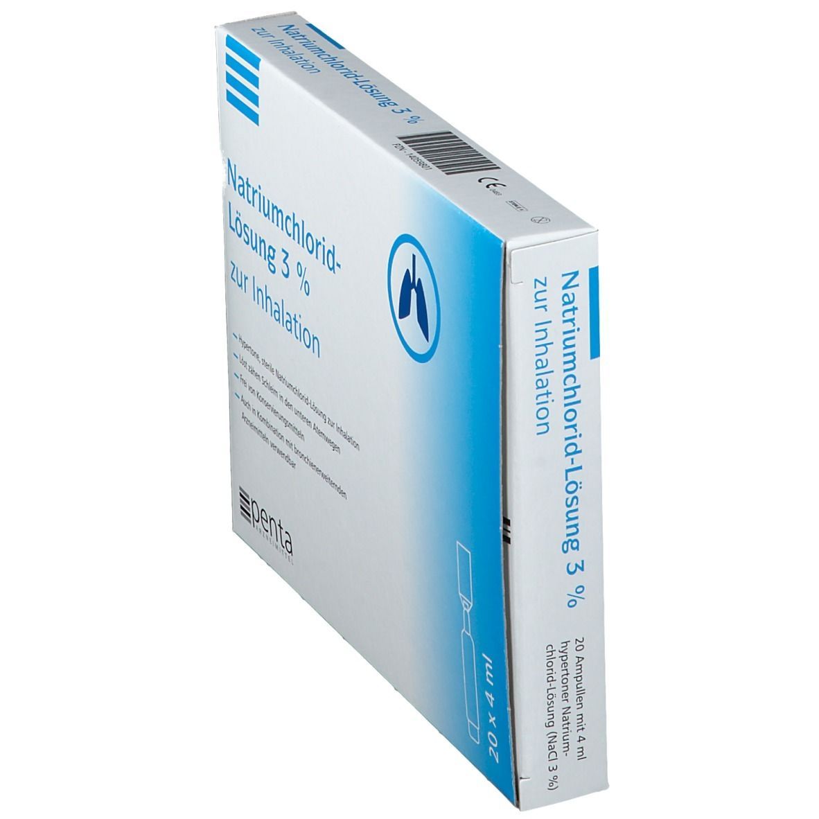 Karton mit Aufschrift Natriumchlorid-Lösung 3% zur Inhalation. Enthält Ampullen. Logo: Lunge. Seitenansicht.