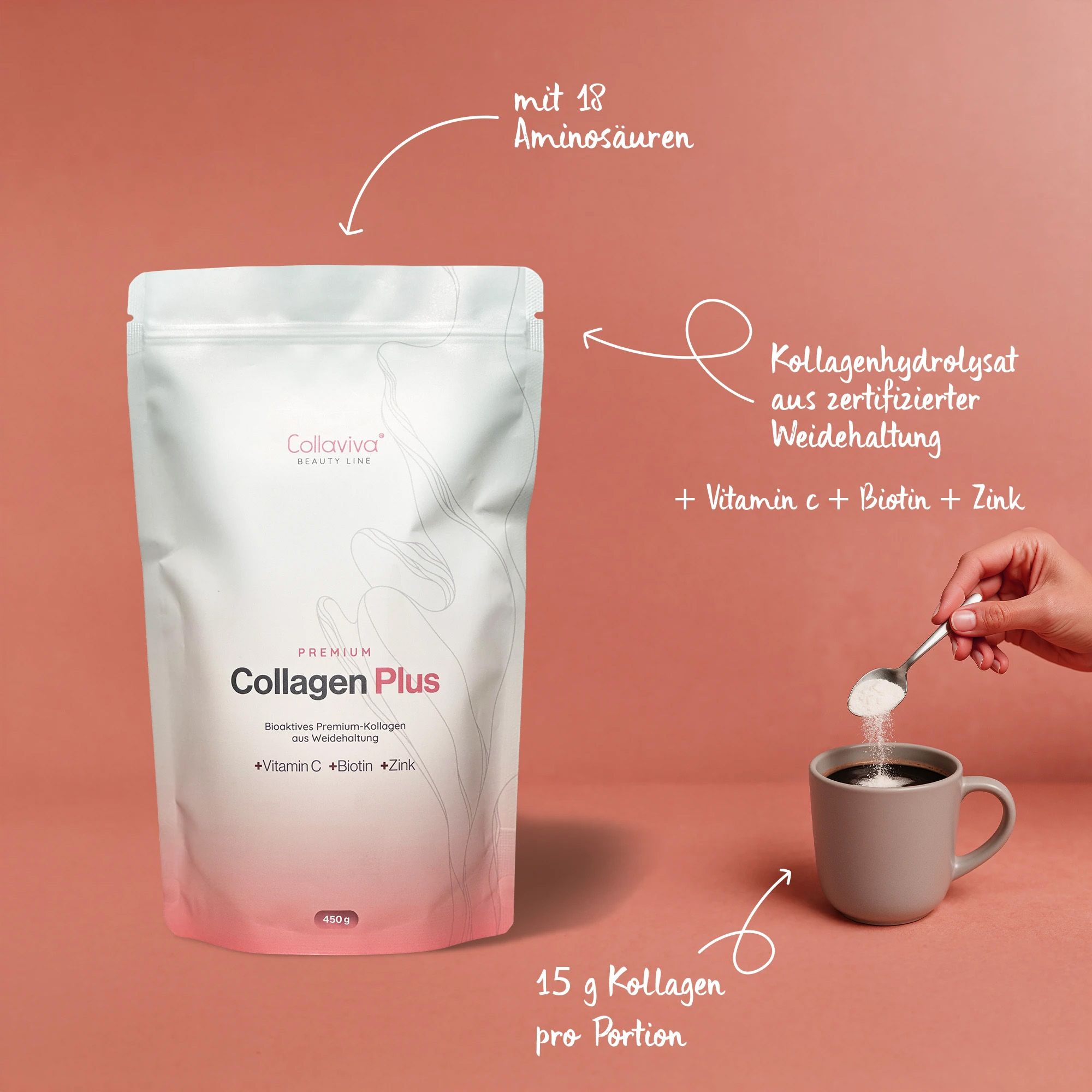 Collaviva Collagen Plus Beutel mit 18 Aminosäuren, Vitamin C, Biotin und Zink. Zubereitung mit einer Tasse.