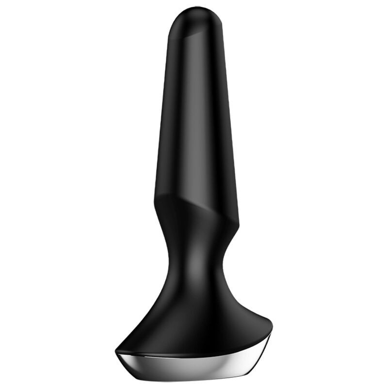 Schwarzer Analvibrator. Kegelförmiger Schaft, breiter Fuß mit silberfarbenem Rand. Glatte Oberfläche.