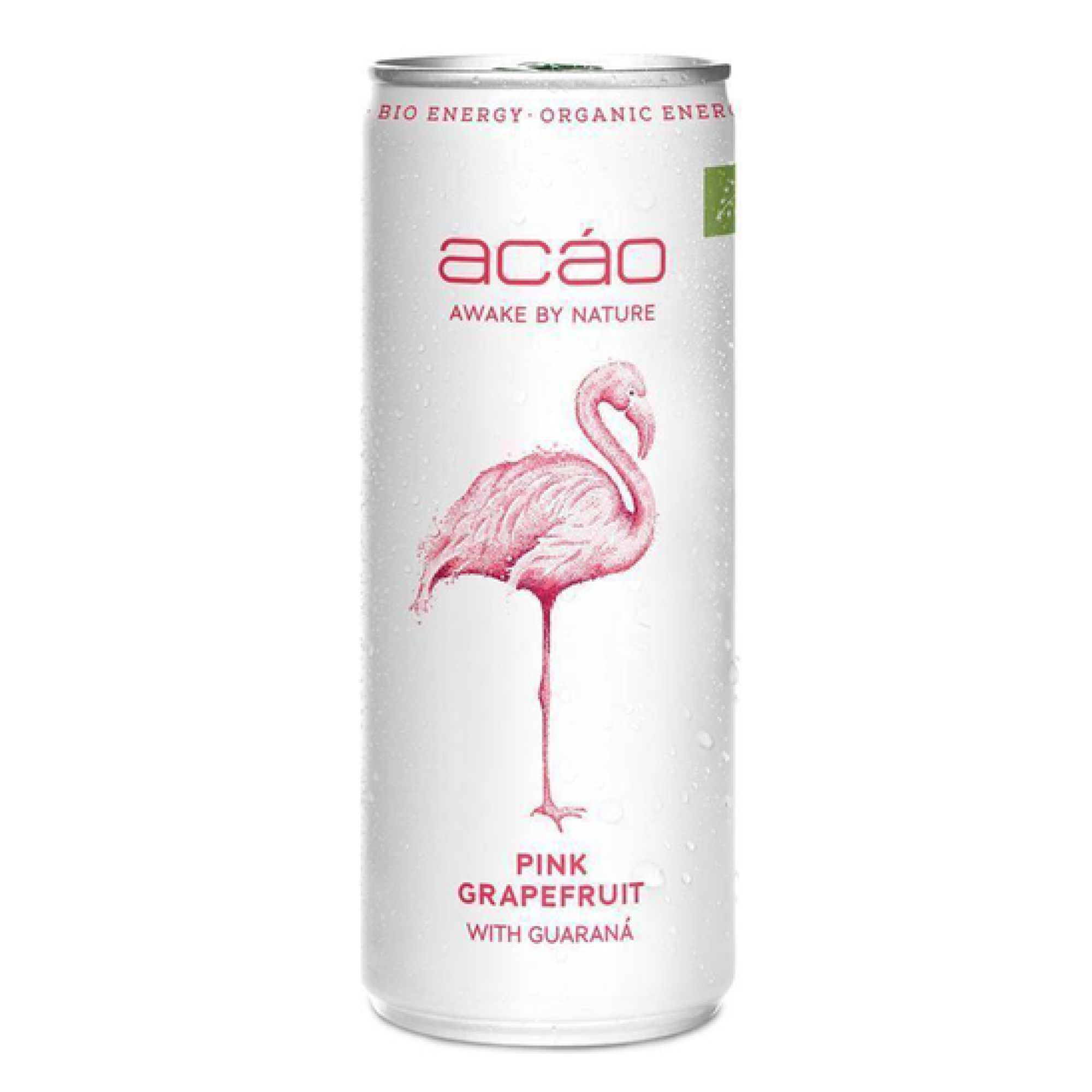 Die Dose Acáo Bio Energy Drink Pink Grapefruit, mit einem rosa Flamingo-Design, zeigt den Markennamen und die Geschmacksrichtung. Die Dose ist weiß mit rosa Schrift und einem Bio-Siegel. Der Text beinhaltet "Bio Energy - Organic Energy" und "Awake by Nature".