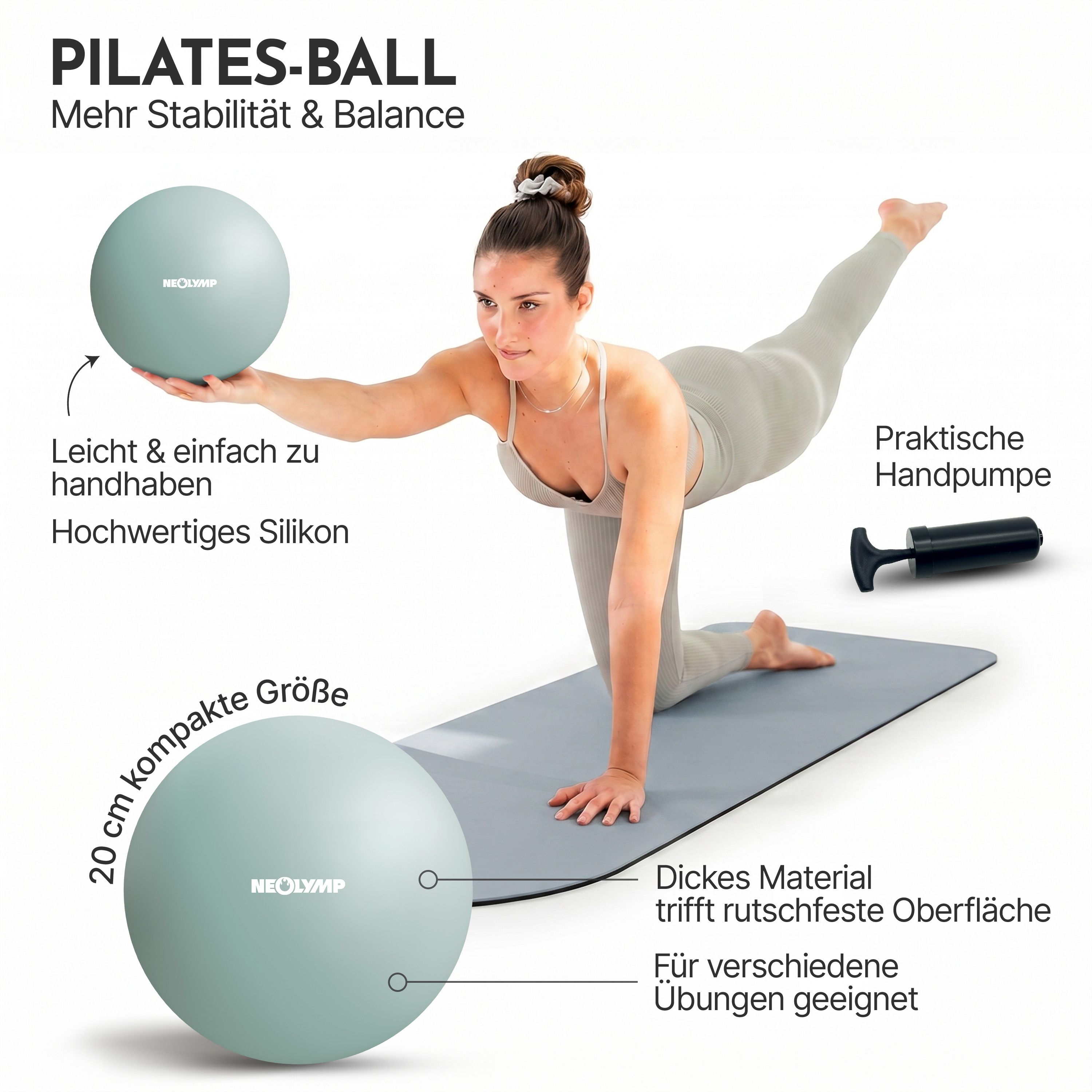 NEOLYMP Pilates Ball (20cm) aus Silikon mit Handpumpe. Rutschfeste Oberfläche, dickes Material.