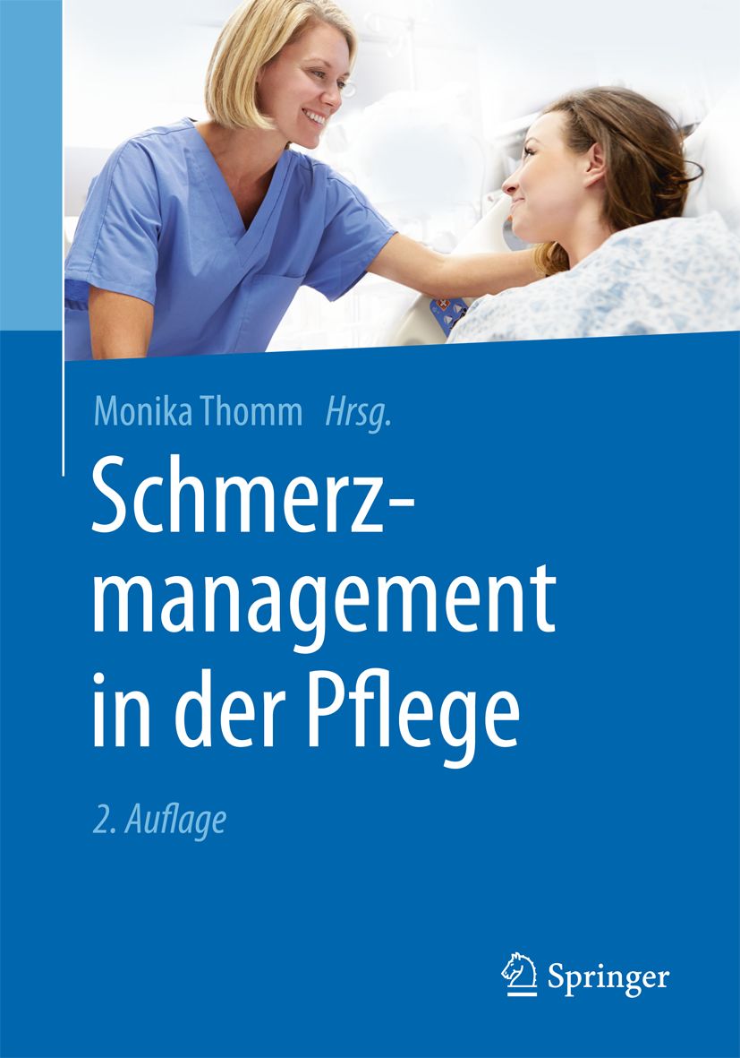 Buchcover: "Schmerzmanagement in der Pflege". Titel in Weiß auf blauem Hintergrund. Springer-Logo unten rechts. 2. Auflage.