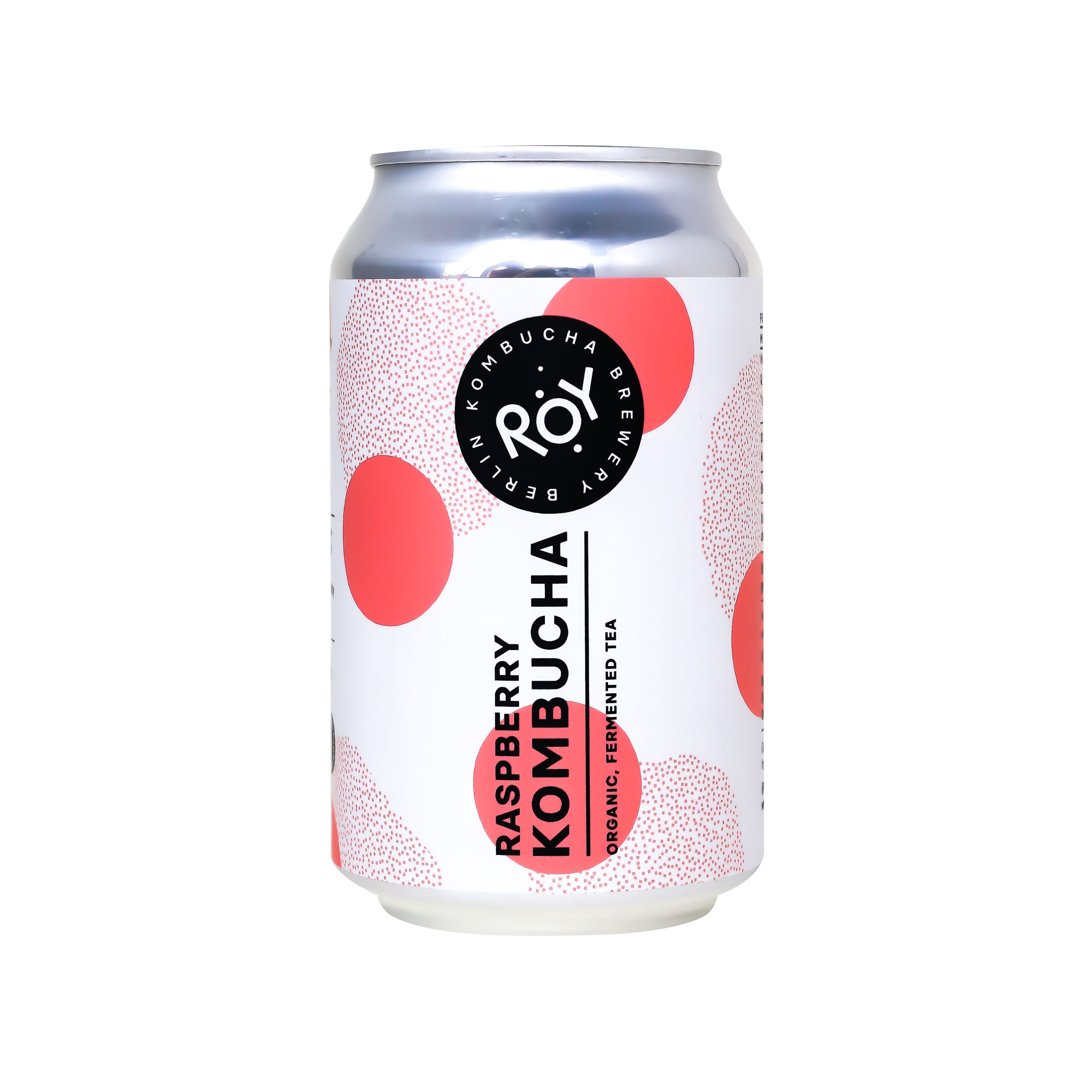 Kombucha-Dose mit Himbeergeschmack. Weißes Etikett mit roten Punkten und Logo. Aufschrift: RASPBERRY KOMBUCHA, ORGANIC, FERMENTED TEA.