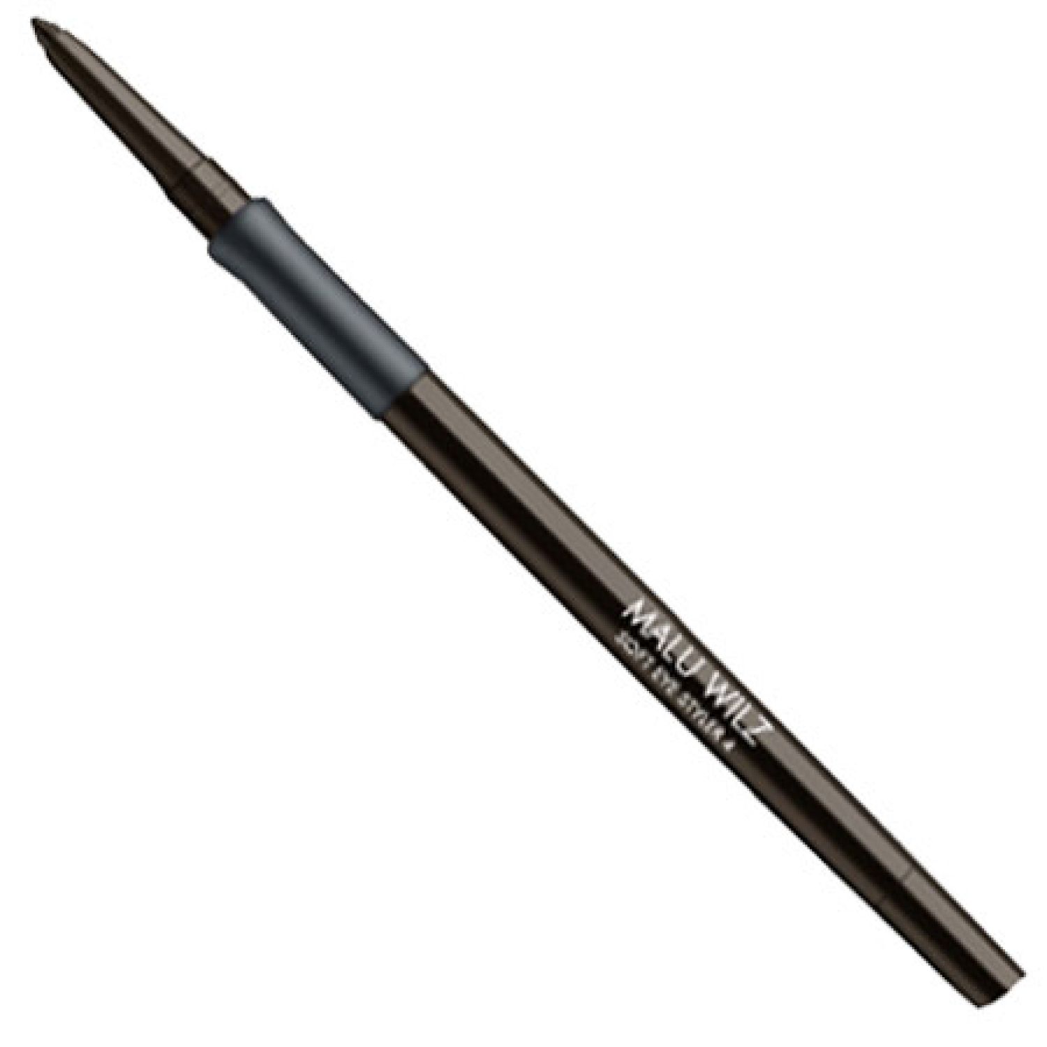 Augen-Styler, dunkelbraun, mit Produktbezeichnung. Schwarze Spitze, grauer Mittelteil, schwarzer Stift.