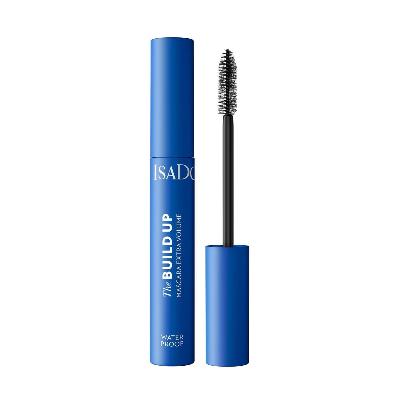 Blaue Mascarahülse und Bürste. Aufschrift: ISADORA, The Build Up, Mascara Extra Volume, Waterproof.