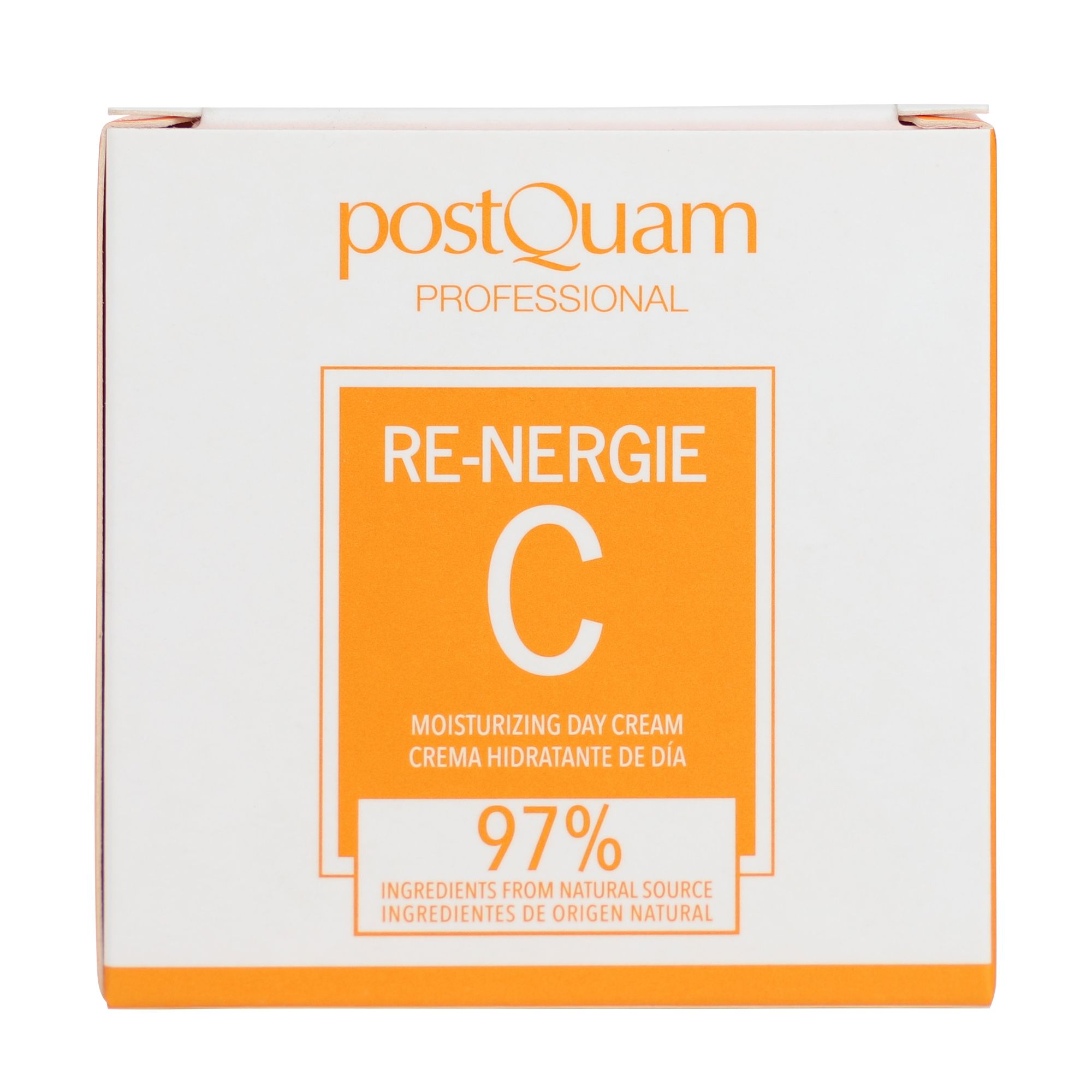 Weiße Verpackung mit orangefarbenem Quadrat. Text: Re-Nergie C, Feuchtigkeitsspendende Tagescreme, 97% Inhaltsstoffe. Marke: PostQuam Professional.