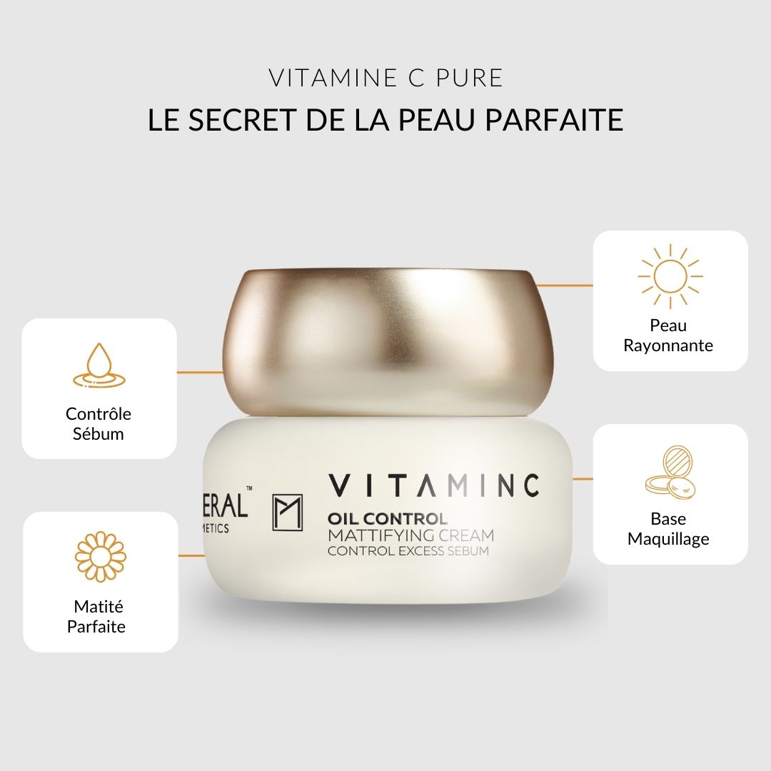 Pot de crème avec texte et icônes. Texte : contrôle de l'huile, matité parfaite, peau éclatante, base de maquillage.