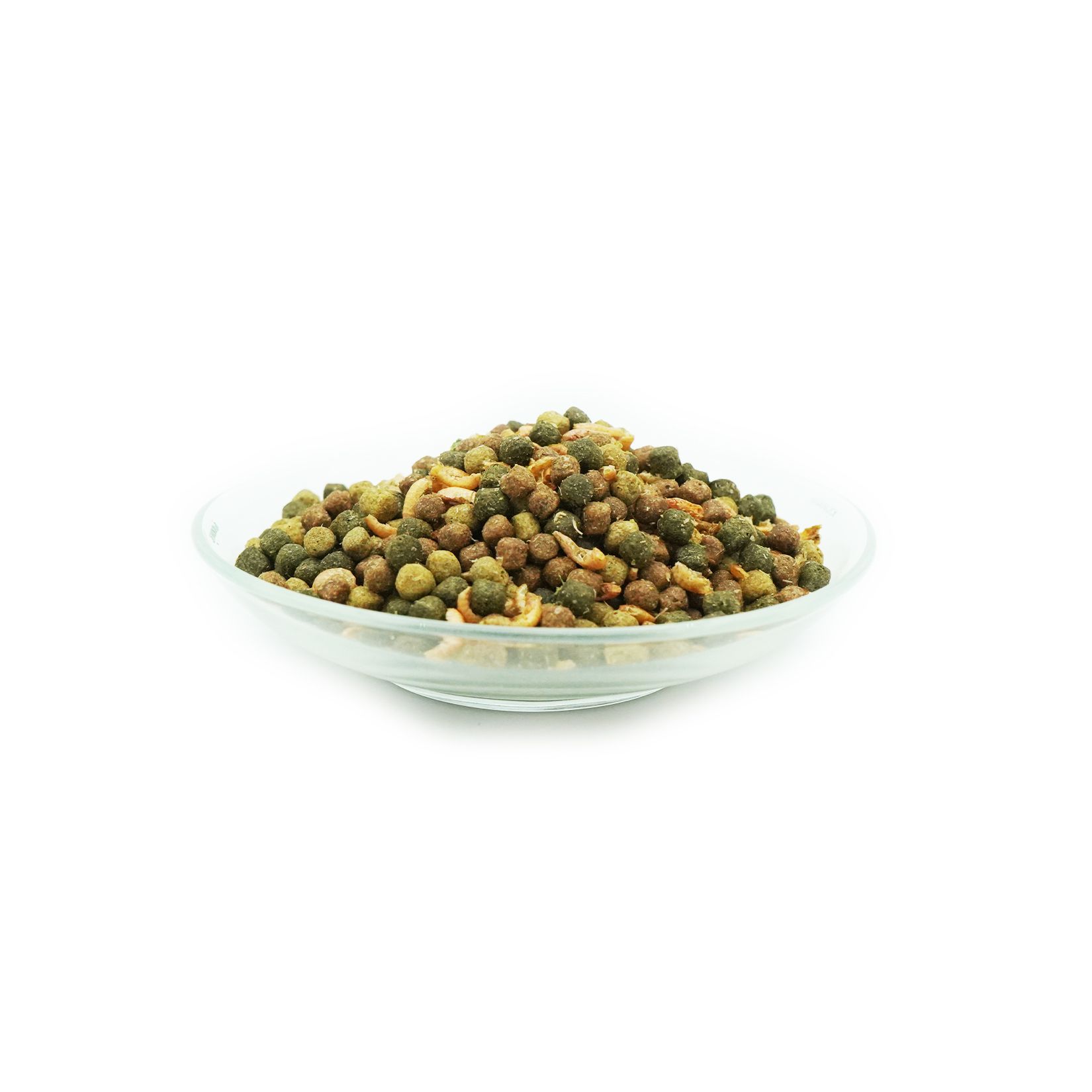 Futter in einer Glasschale. Verschiedene grüne und braune Pellets. Einige helle, längliche Stücke.