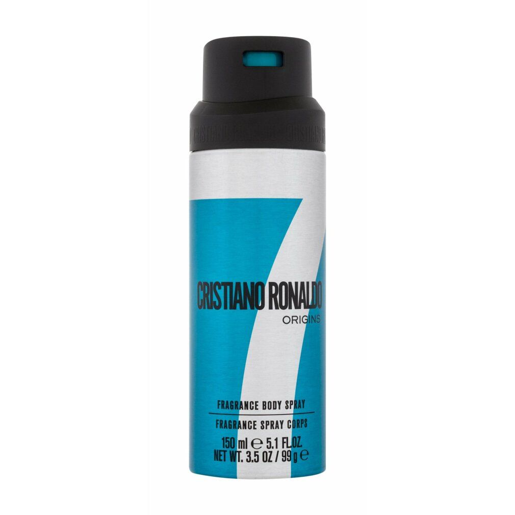 Cristiano Ronaldo 7Origins Body Spray: Silberne Dose mit blauem Design und der Zahl 7.
