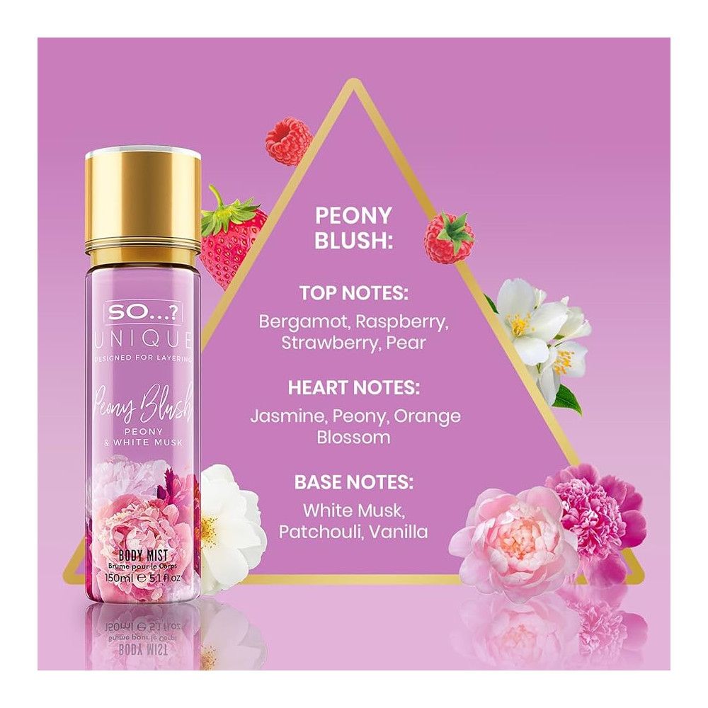 Körperspray mit goldfarbenem Deckel. Etikett mit Produktnamen, Blüten und Früchten. Text: Peony Blush, Top-Noten, Herz-Noten, Basis-Noten.