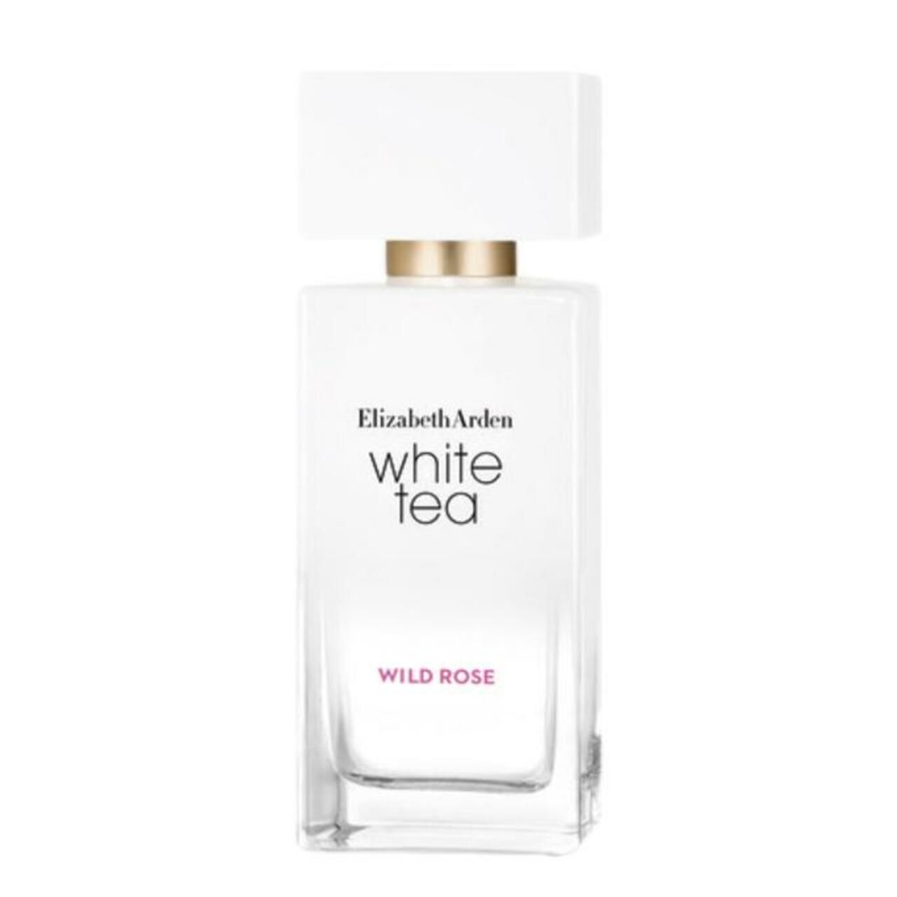 Elizabeth Arden White Tea Wild Rose EdT Vapo. Weißer, rechteckiger Flakon mit weißem Deckel und goldenem Ring.
