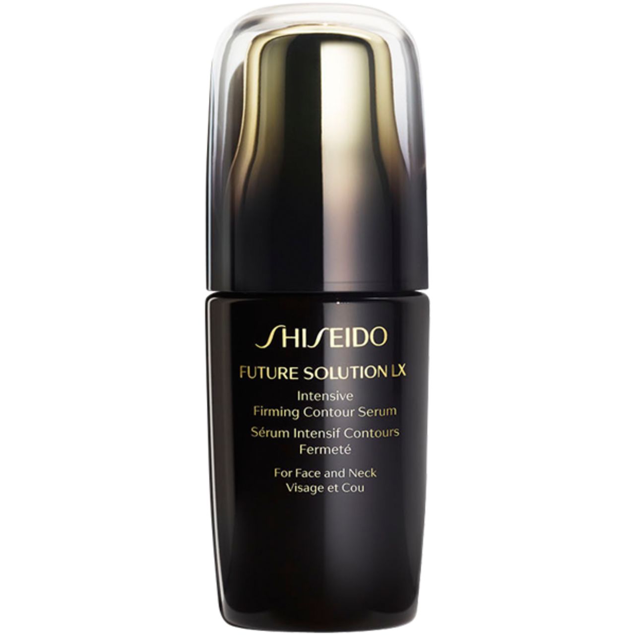 Schwarze Flasche mit goldfarbenem Deckel. Schriftzug: Shiseido, Future Solution LX. Produktbezeichnung und Anwendungsbereich.