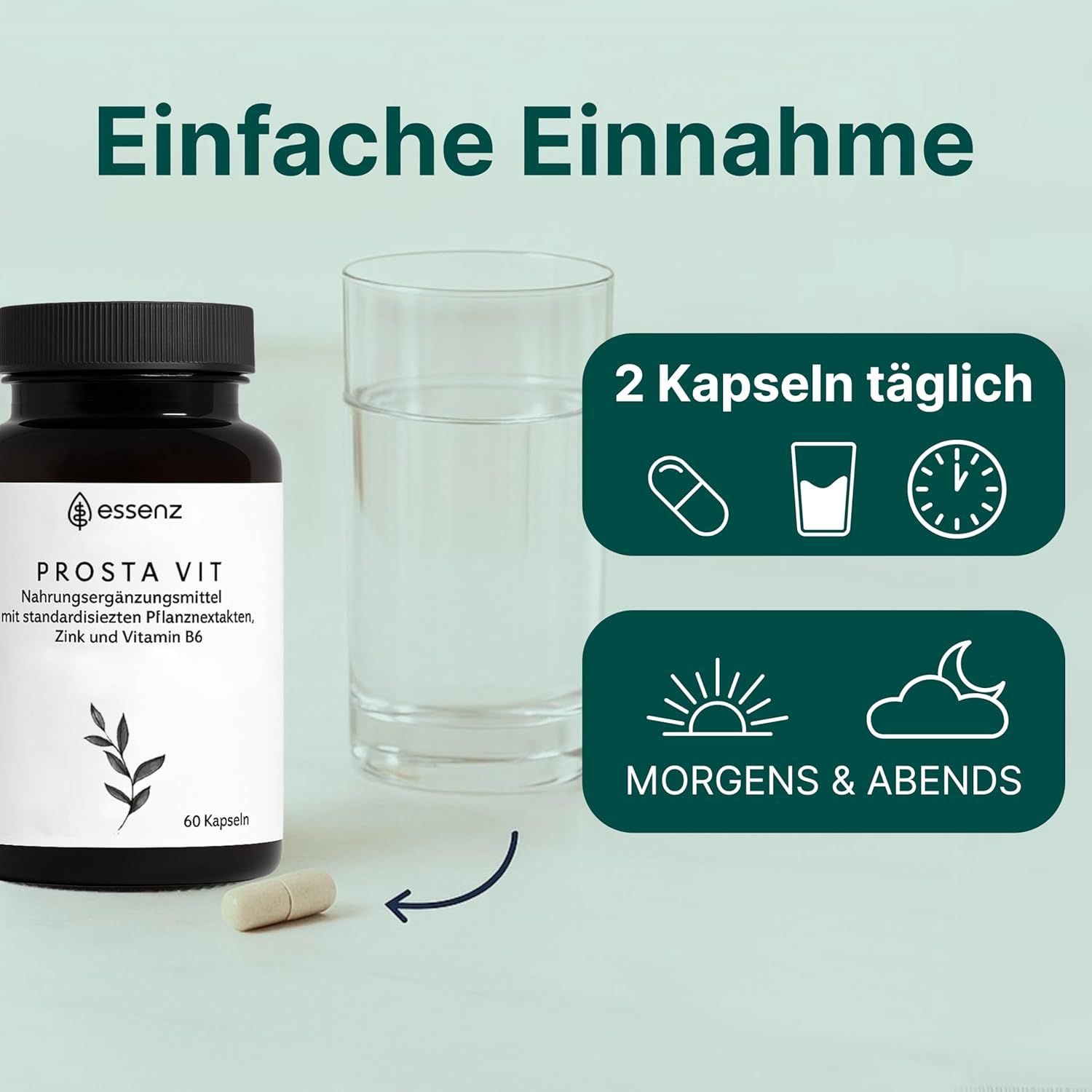 Braune Flasche ESSENZ Prosta Vit Kapseln, 60 Kapseln. 2 Kapseln täglich. Illustrationen: Kapsel, Glas Wasser, Uhr, Sonne/Mond.
