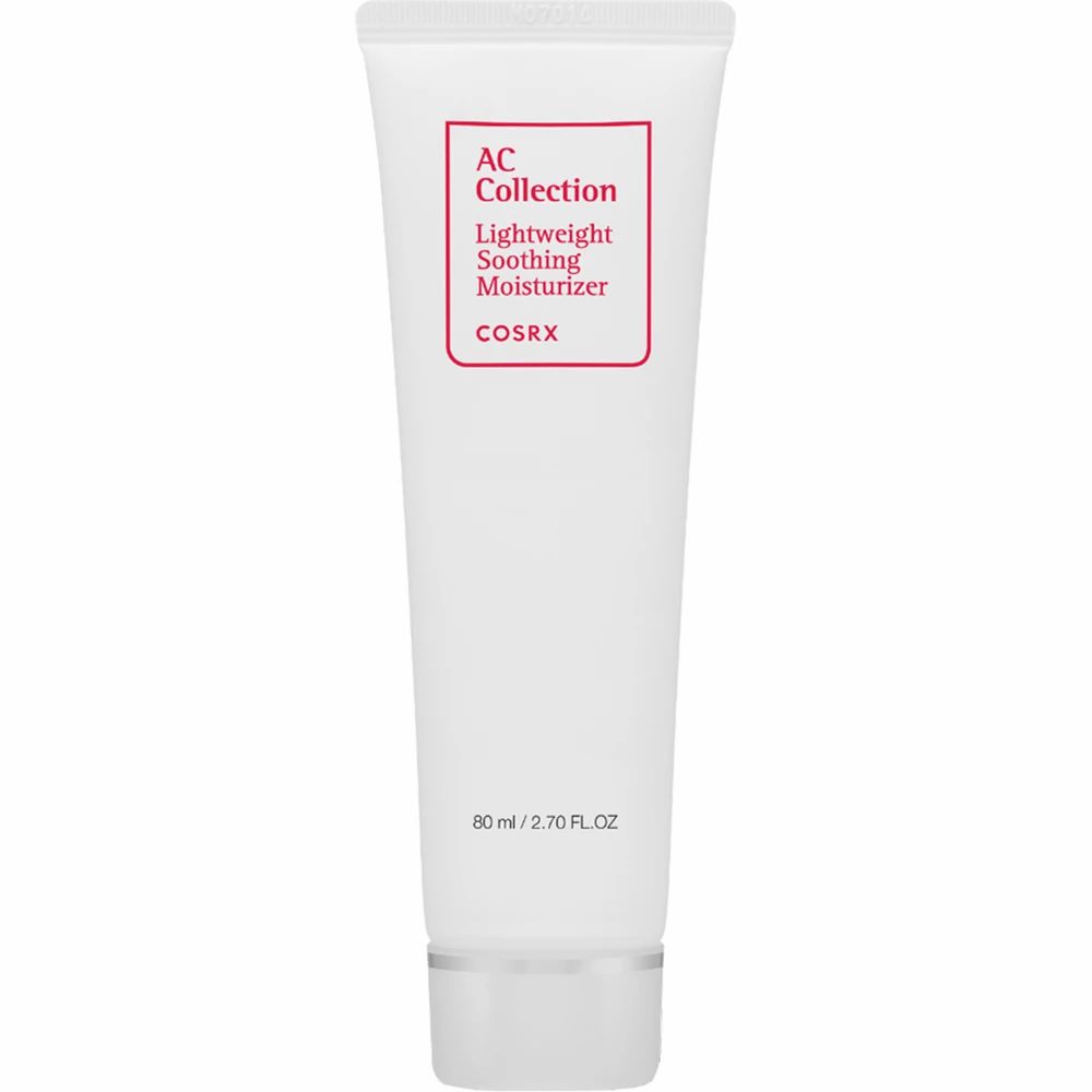 Weiße Tube mit rotem Etikett. Aufschrift: AC Collection Lightweight Soothing Moisturizer. Unten: 80 ml / 2.70 FL.OZ.