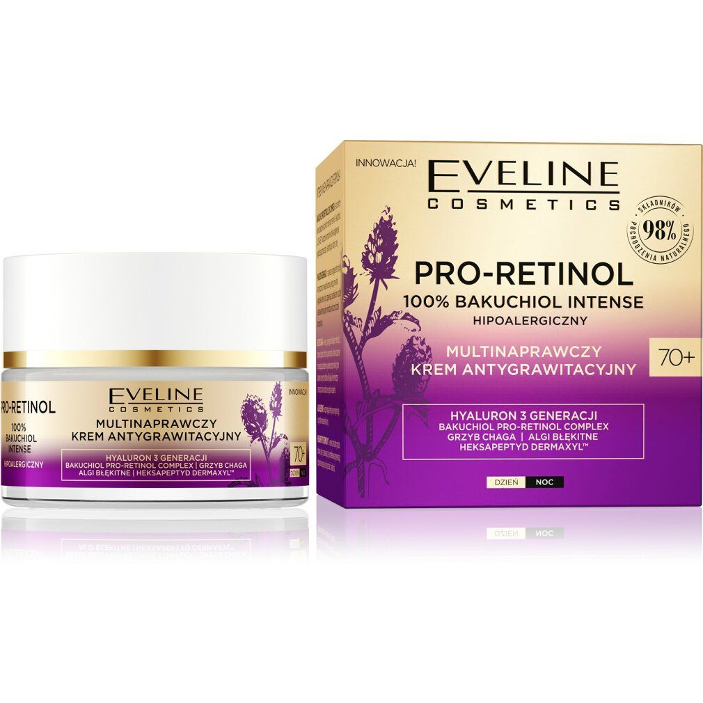 Creme und Verpackung. Aufschrift: Eveline Cosmetics Pro-Retinol 100% Bakuchiol Intense. Anti-Gravity Creme für 70+.