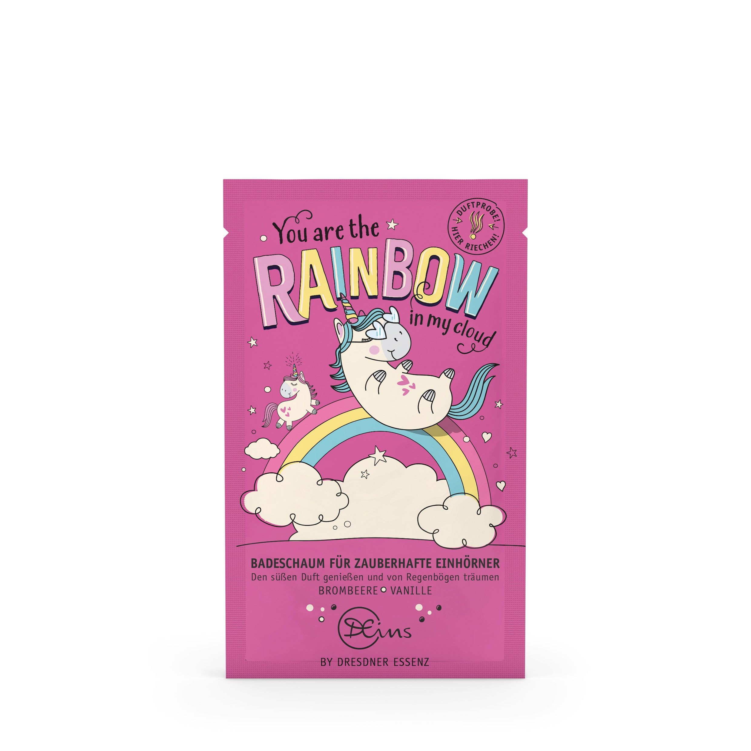 Emballage rose pour bain moussant avec illustration de licorne et texte. Contient "Bain moussant pour licornes magiques". Marque : Dresdner Essenz.