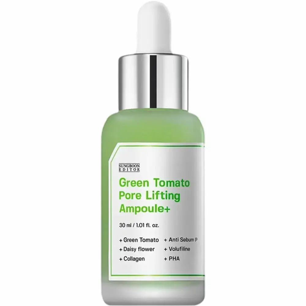 Grünes Serumfläschchen mit weißem Applikator. Text: Green Tomato Pore Lifting Ampoule+. 30 ml.