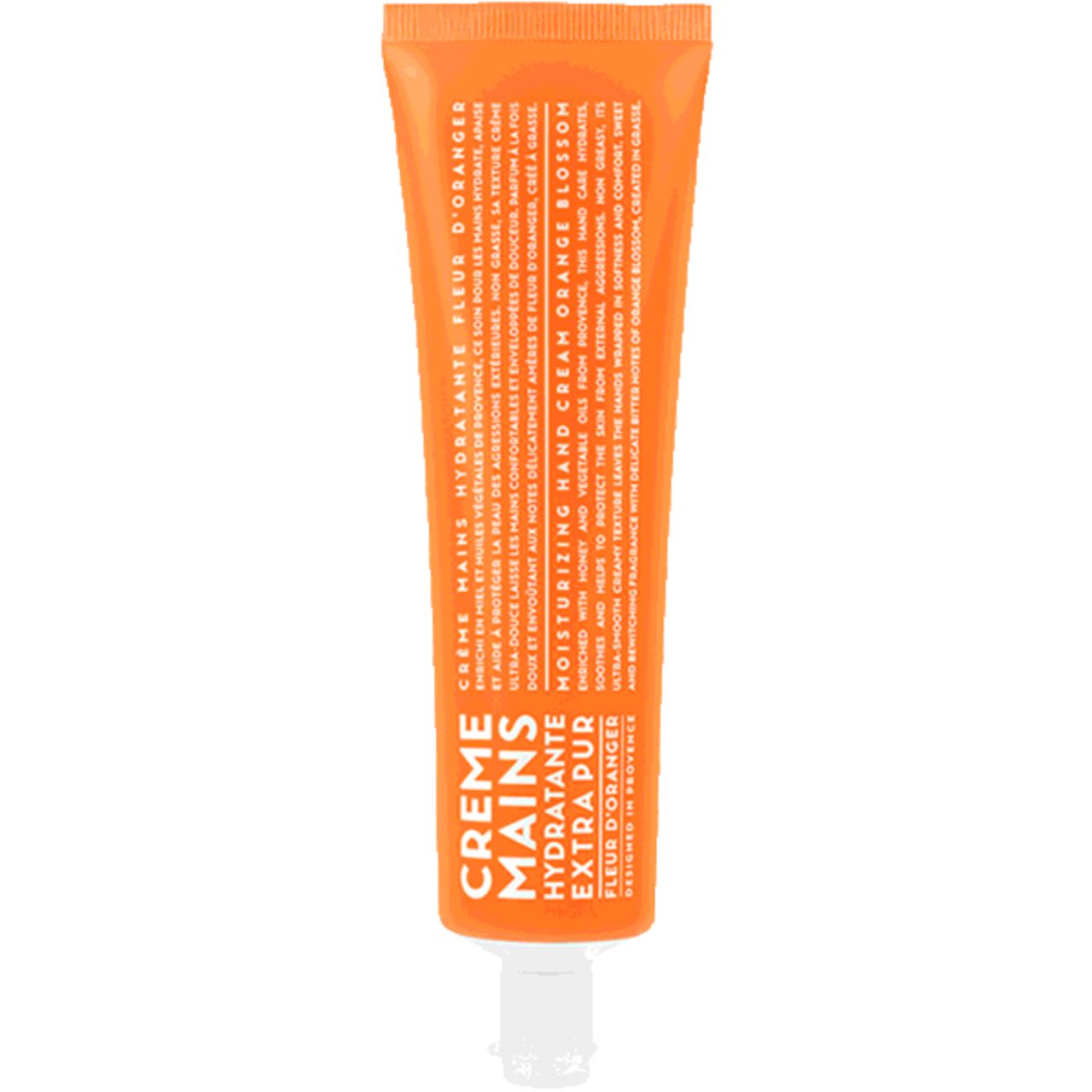 Orange Tube mit weißem Verschluss. Text: Creme Mains Hydratante Fleur D'Oranger, Extra Pur, Moisturizing Hand Cream Orange Blossom.