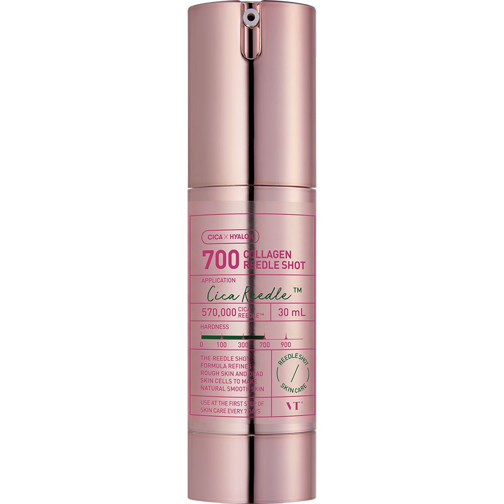 Rosafarbene Flasche mit Pumpspender, 30 ml. Enthält '700 Collagen Needle Shot'.
