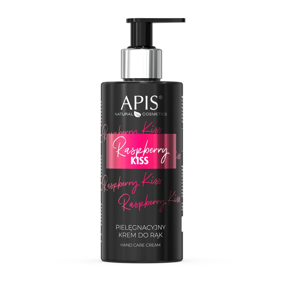 Schwarze Flasche mit Pumpe. Aufschrift: APIS, Raspberry Kiss. Pinkfarbener Streifen mit Text. Handcreme.