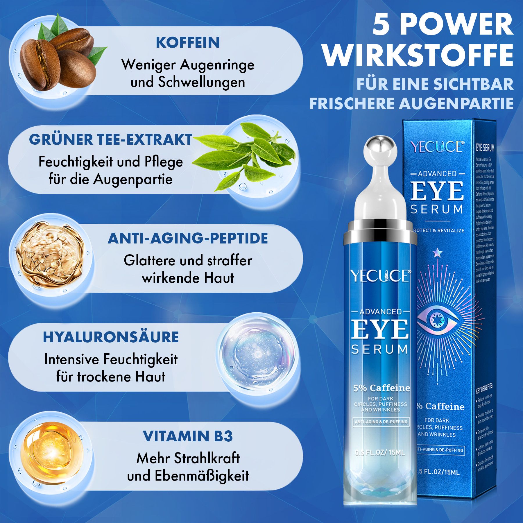 Flasche und Karton für YECUCE Advanced Eye Serum mit 5% Koffein.