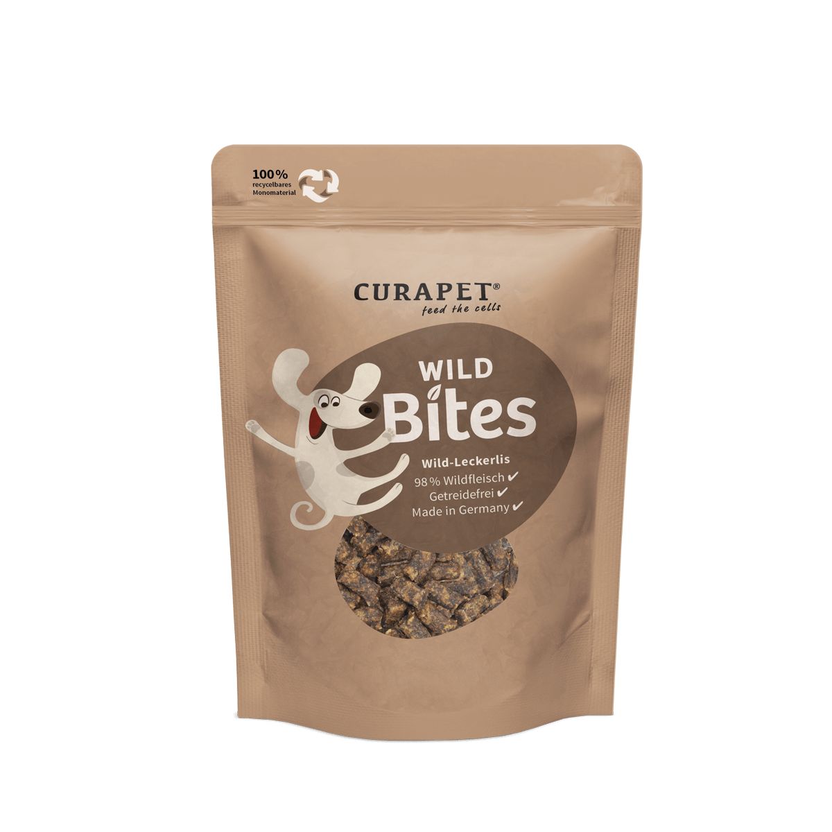 Beutel mit CURAPET Wild Bites Hundesnacks. Braune Verpackung mit Logo, Produktname und Inhaltsangaben. Sichtfenster mit Snacks.