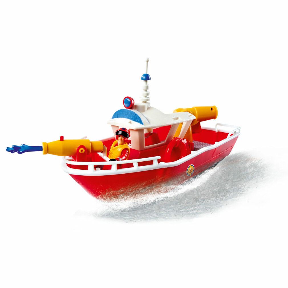 Rotes Spielzeugboot mit gelbem Wasserwerfer und Figur. Weißer Aufbau. Blaue und rote Details.