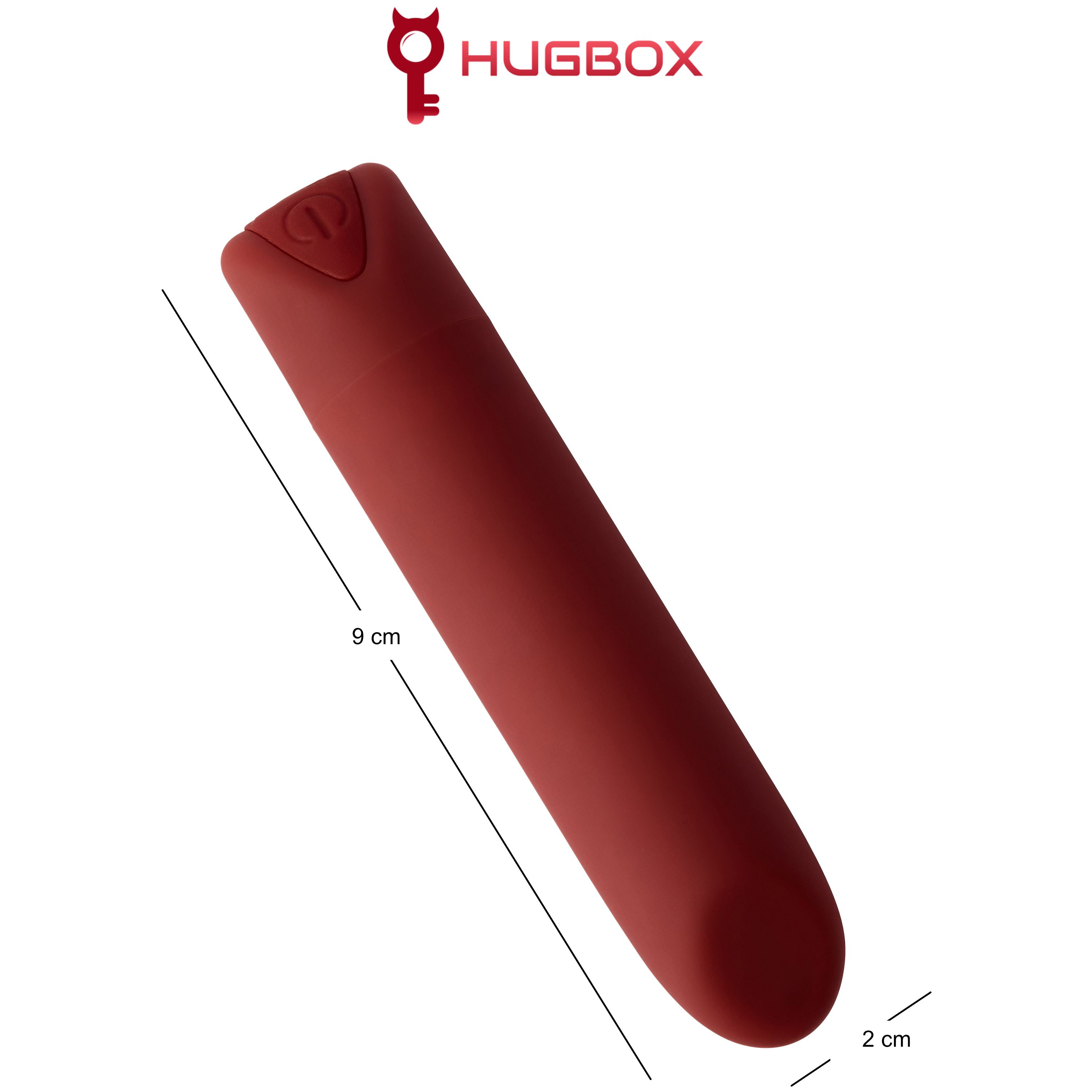 Roter, länglicher Gegenstand mit abgerundeten Enden. Maße: 9 cm lang, 2 cm breit. HUGBOX Logo. Auf weißem Hintergrund.